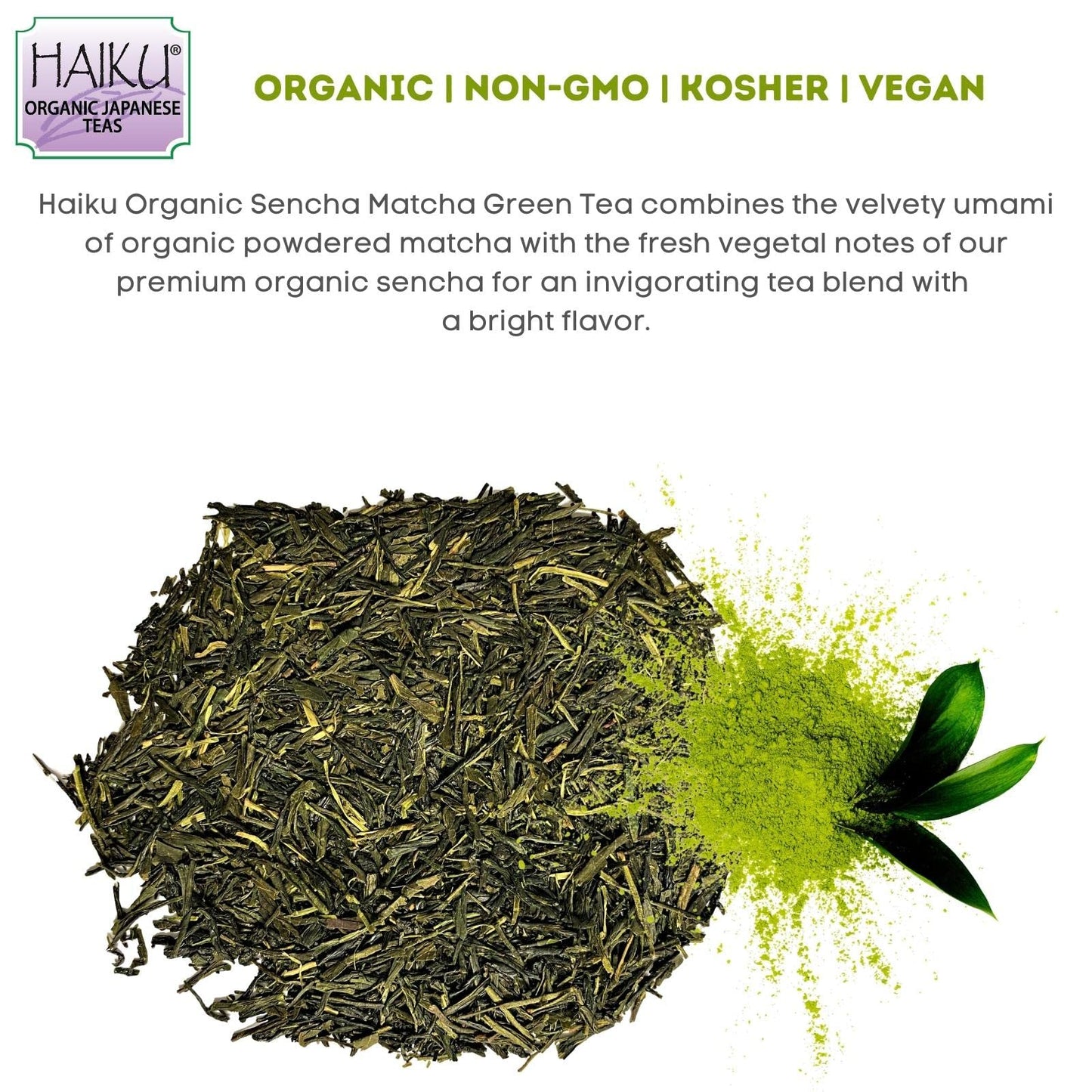 Haiku Organic Japanese Sencha Matcha Green Tea, Non-Gmo, Usda Organic, Kosher, Sencha Green Tea And Matcha Powder, 1 Box (16 Bag