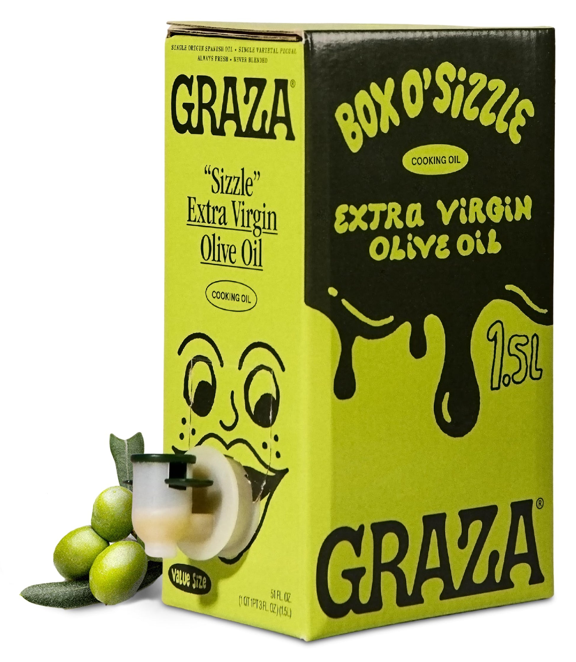 Graza Sizzle Extra Virgin Olive Oil, Cooking Oil - High Polyphenol Peak Harvest Evoo Cooking Oil In A Box - Single Origin Olive Oils From Sdiscomfort-Reducing - 51 Fl Oz (1.5L)