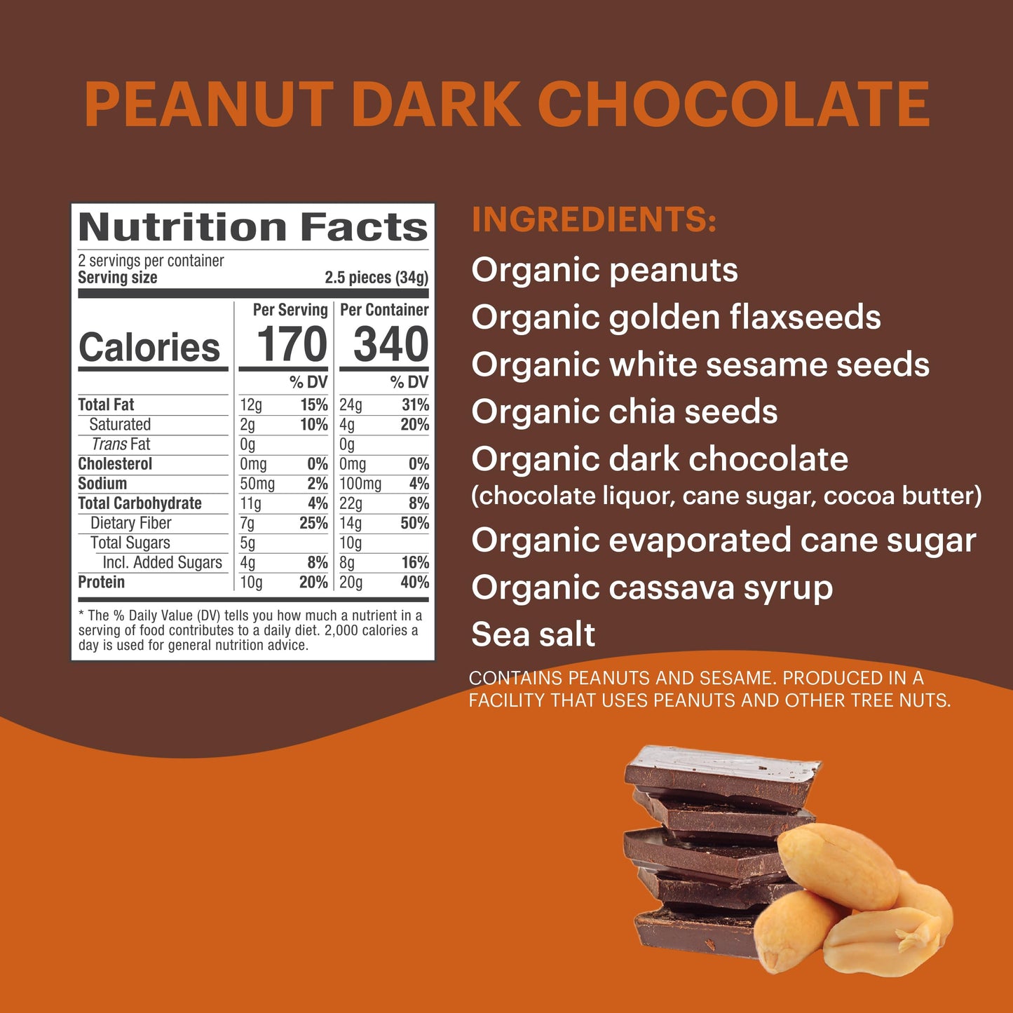 Tosi Dark Chocolate Peanut Protein Bars, Plant Based With Nuts, Gluten-Free Crunchy Snacks, Vegan, Organic, Flax & Chia Seeds, S