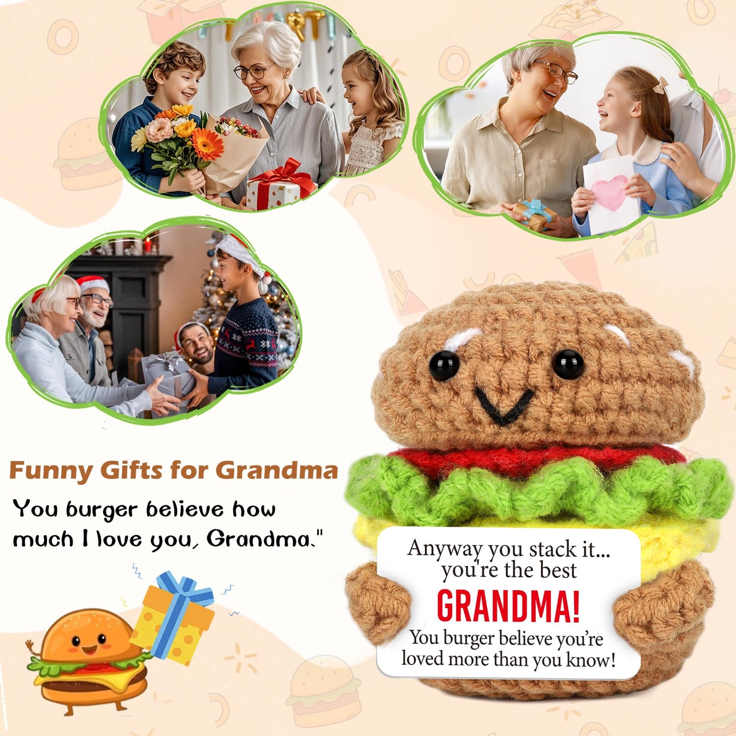 Avboda Mini Grandma Birthday Gifts From Granddaughter Grandson Handmade Crochet Burger Thankving Day Christmas For New Grandmother Great Grandma Nana Gigi Grammy Christmas Stocking Stuffers Ideas
