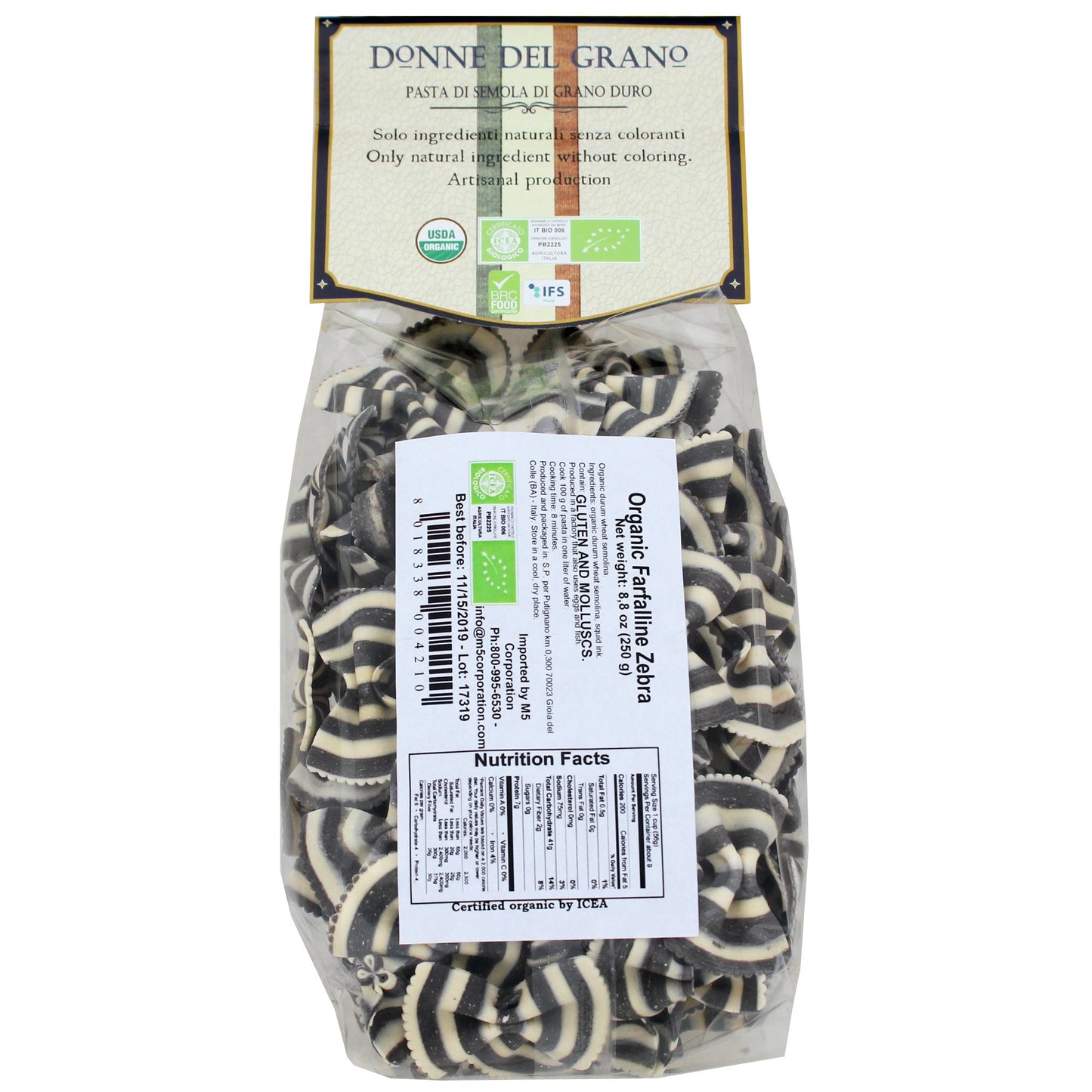 Donne Del Grano Organic Gourmet Italian Squid Ink Black N White Bow Tie Pasta Noodles, 8.8 Oz (250 Grams), Pack Of 2 Bags