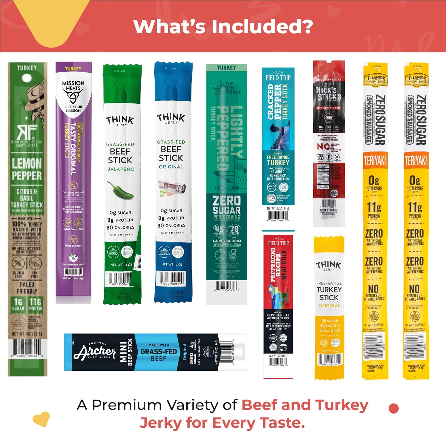 Jerky Sticks Gift For Men - Curated Assortment Of High Protein Snacks - Alternative To Beef Jerky Gift Basket - Beef & Turkey Je