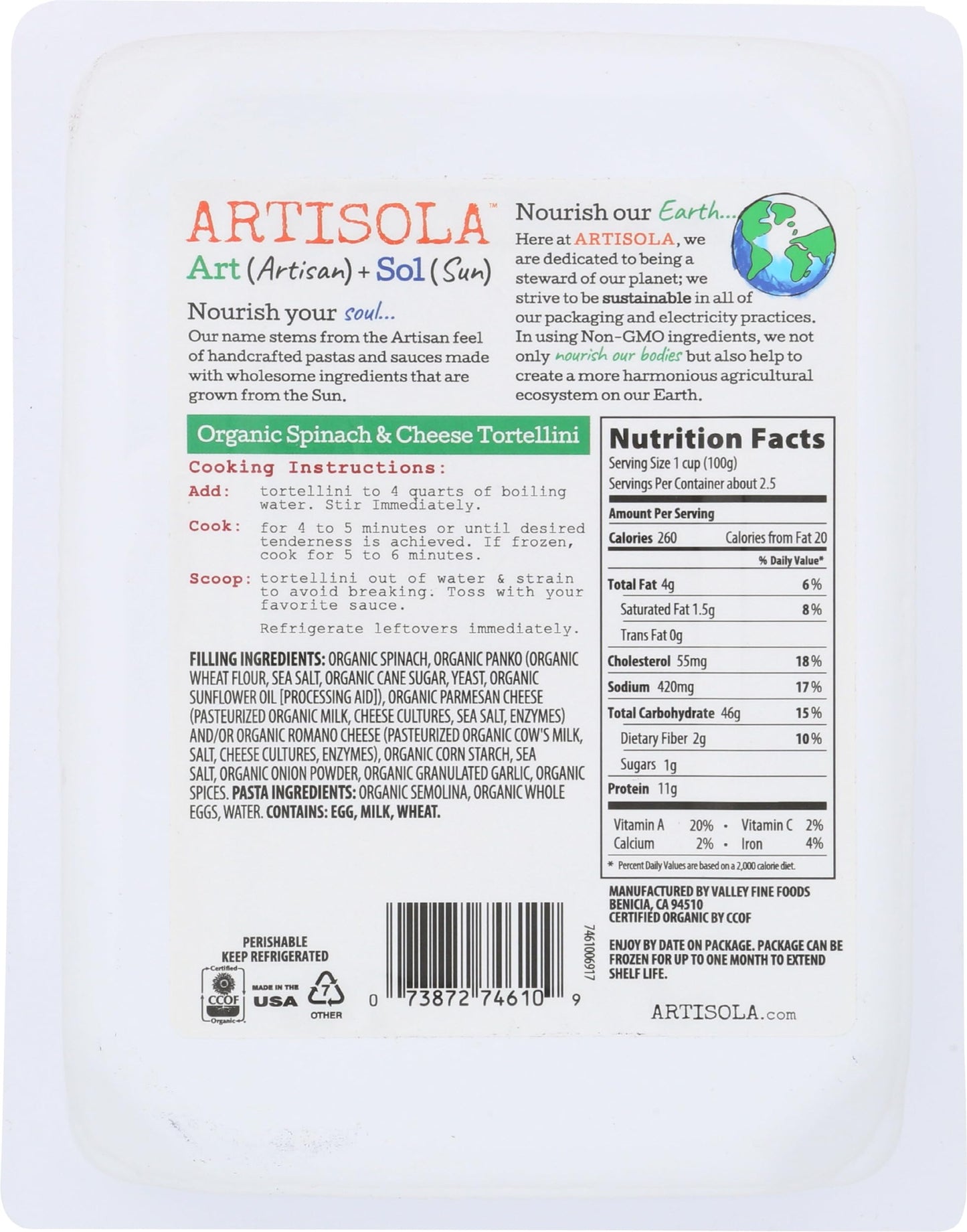 Artisola Organic Spinach And Cheese Tortellini, 8 Oz