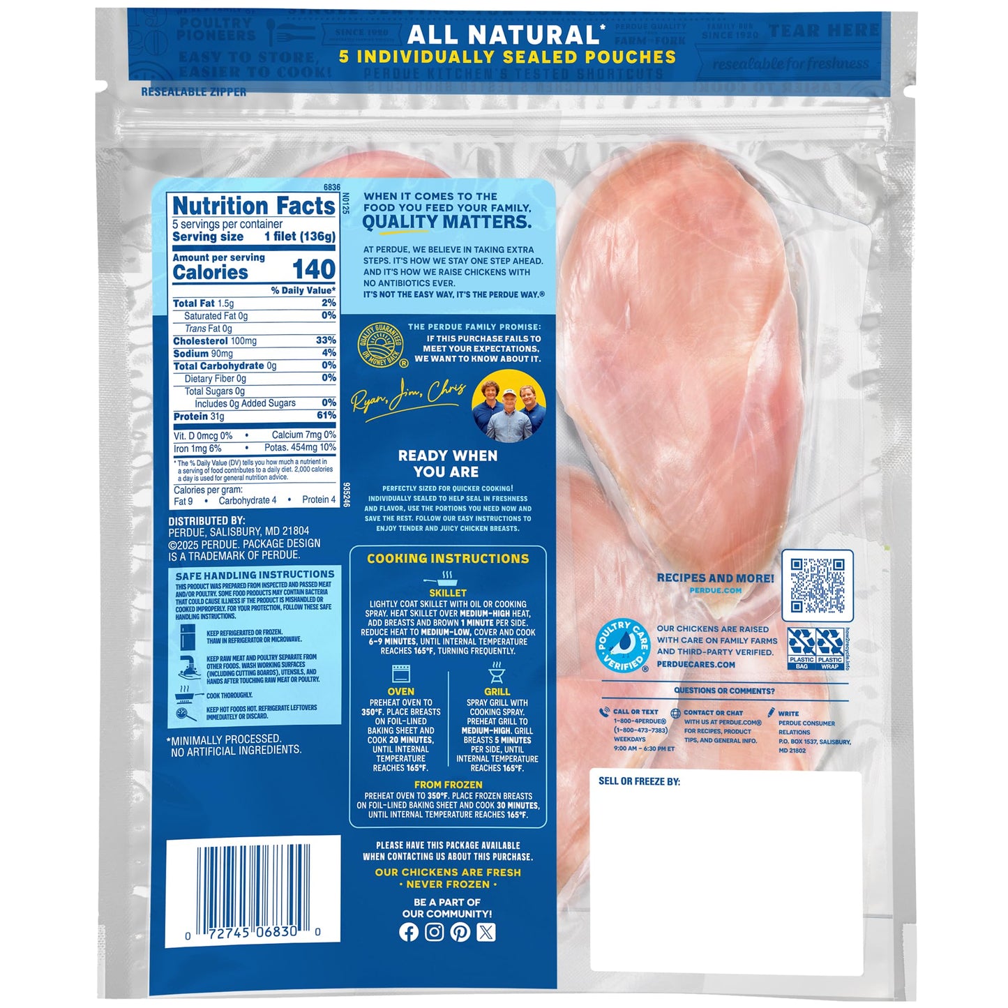 Perdue Perfect Portions, Boneless Skinless Chicken Breast All Natural, 1.5 lb
