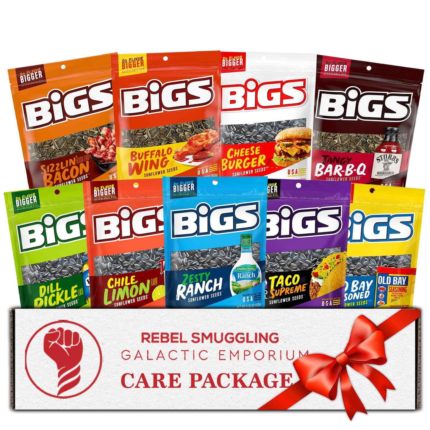 Bigs Sunflower Seeds Variety Pack Care Package Gift Basket, 9 X 5.35Oz Packs Of Flavored Sunflower Seeds By Rebel Smuggling Galactic Emporium