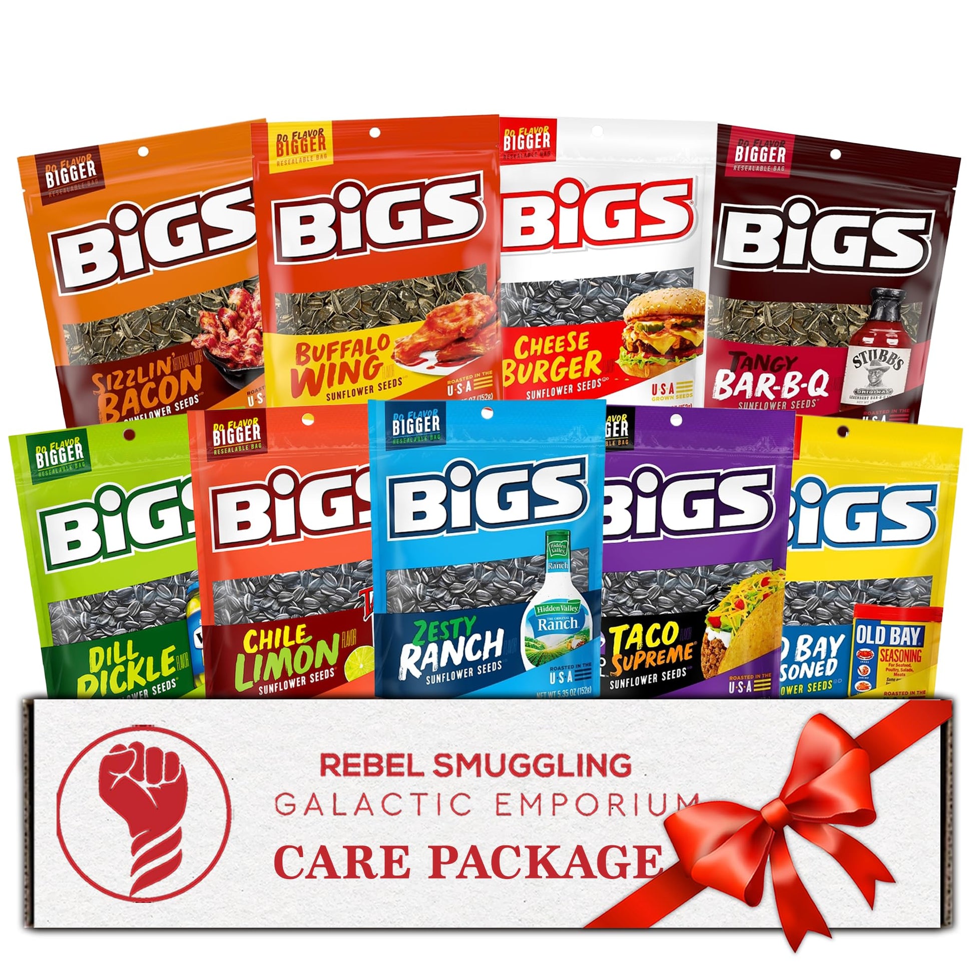 Bigs Sunflower Seeds Variety Pack Care Package Gift Basket, 9 X 5.35Oz Packs Of Flavored Sunflower Seeds By Rebel Smuggling Galactic Emporium