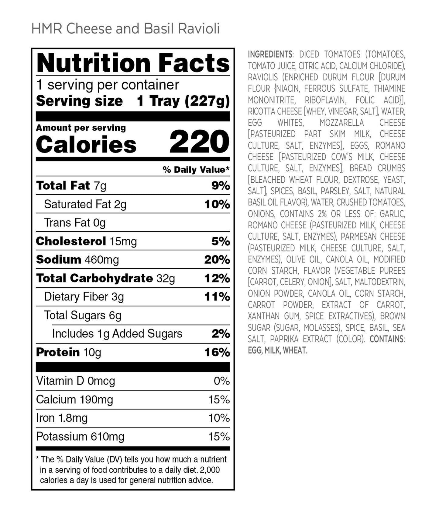 HMR Cheese and Basil Ravioli Entr  e | Pre-packaged Lunch or Dinner | Ready to Eat | Vegetarian | 10g of Protein | Low Calorie F
