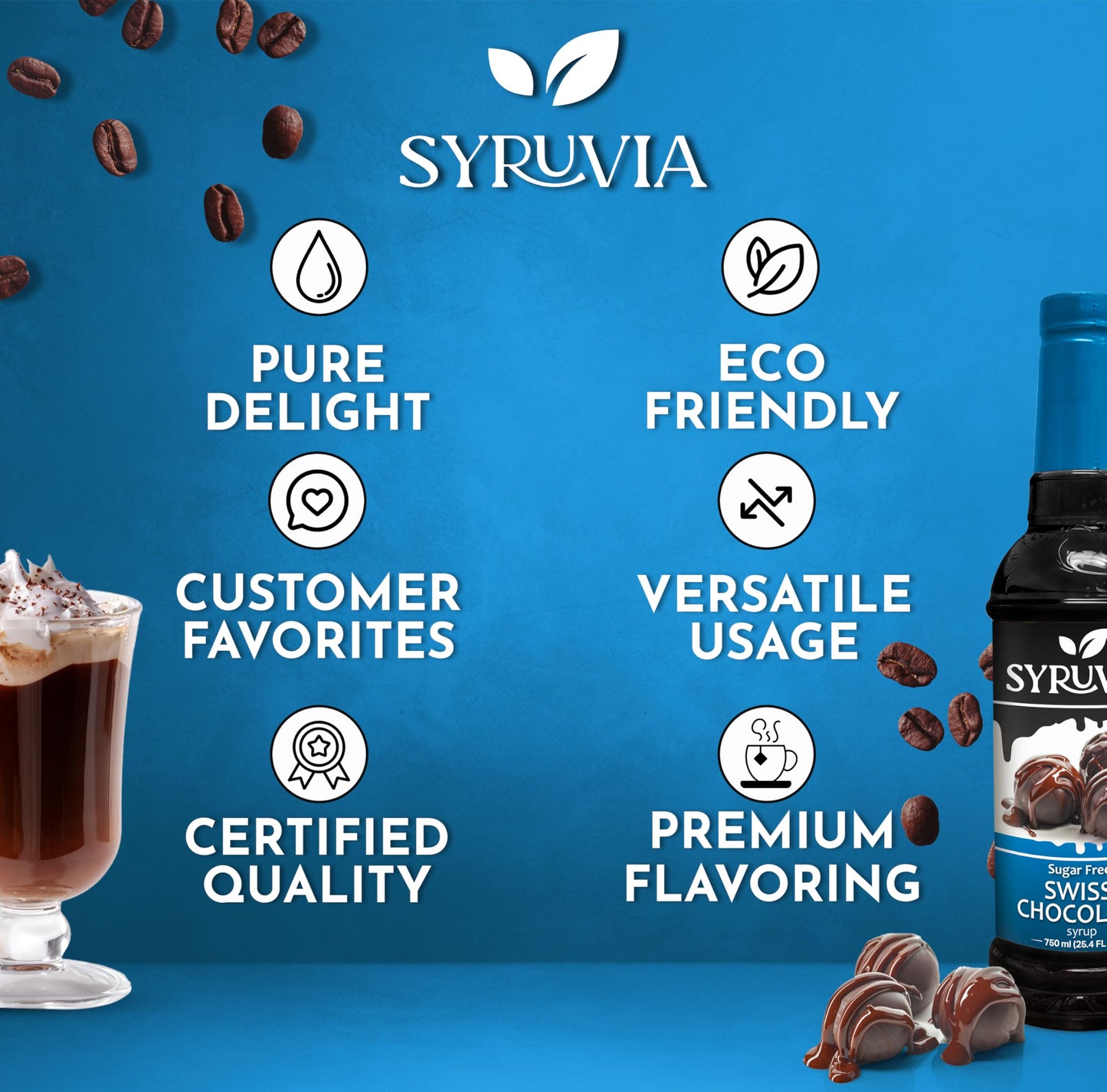 Syruvia Sugar-Free Swiss Chocolate Coffee Syrup - 25.4 fl oz. Premium Coffee Flavoring Syrup. 0 Calories, Kosher, and Gluten-Fre