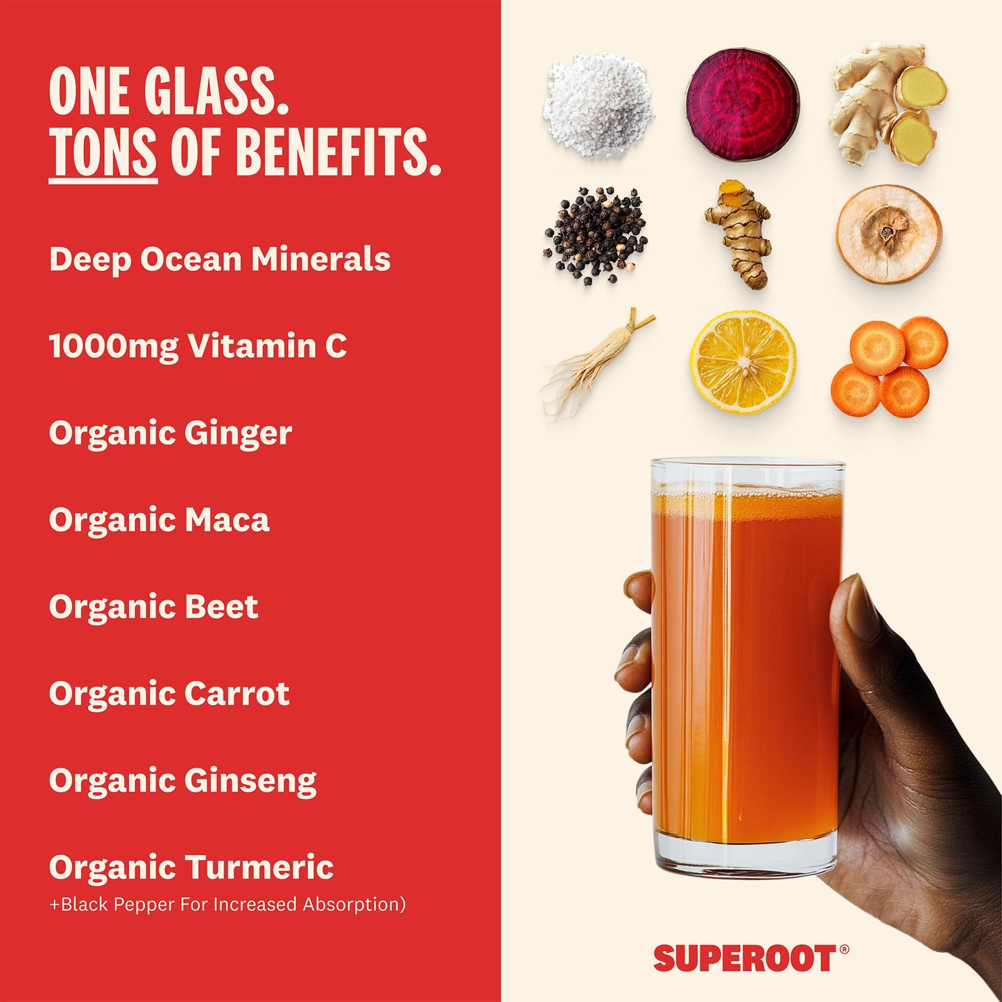 SUPEROOT Ginger Shot + Superfood Drink Mix, Immunity & Hydration, 30 Servings, Original Citrus Flavor, Vermilion Red