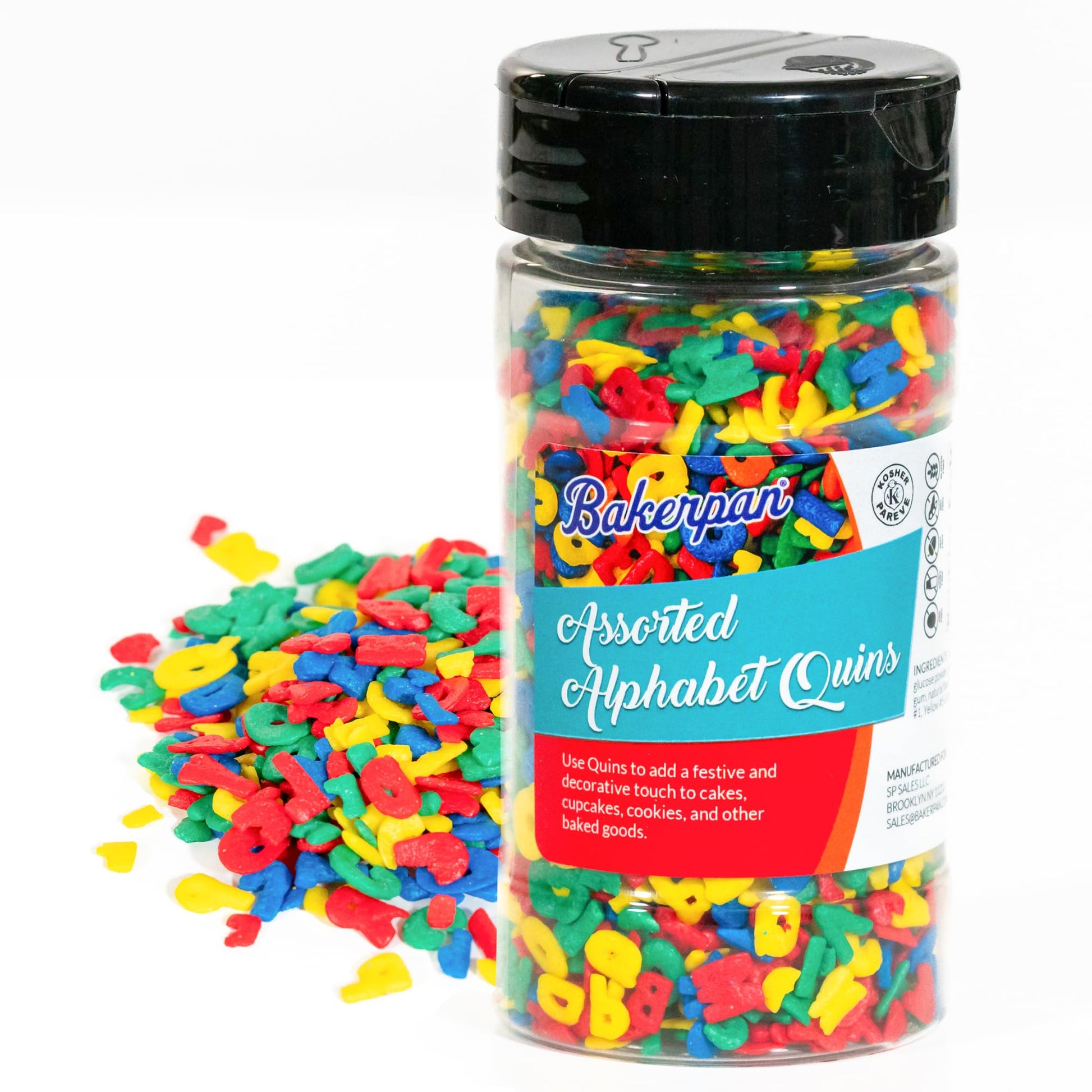 Bakerpan Quins Sprinkles for Cake Decorating - Alphabet Sprinkles 4 Ounces - ABC Edible Confetti Sprinkles for Cupcakes, Ice Cre