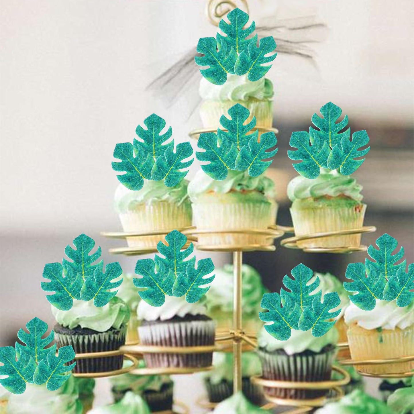Rssta i Edible Tropical Turtle Leaves Cupcake Toppers, Palm Leaf Design, 48 Pack, Paper Decorations for Jungle Theme Parties