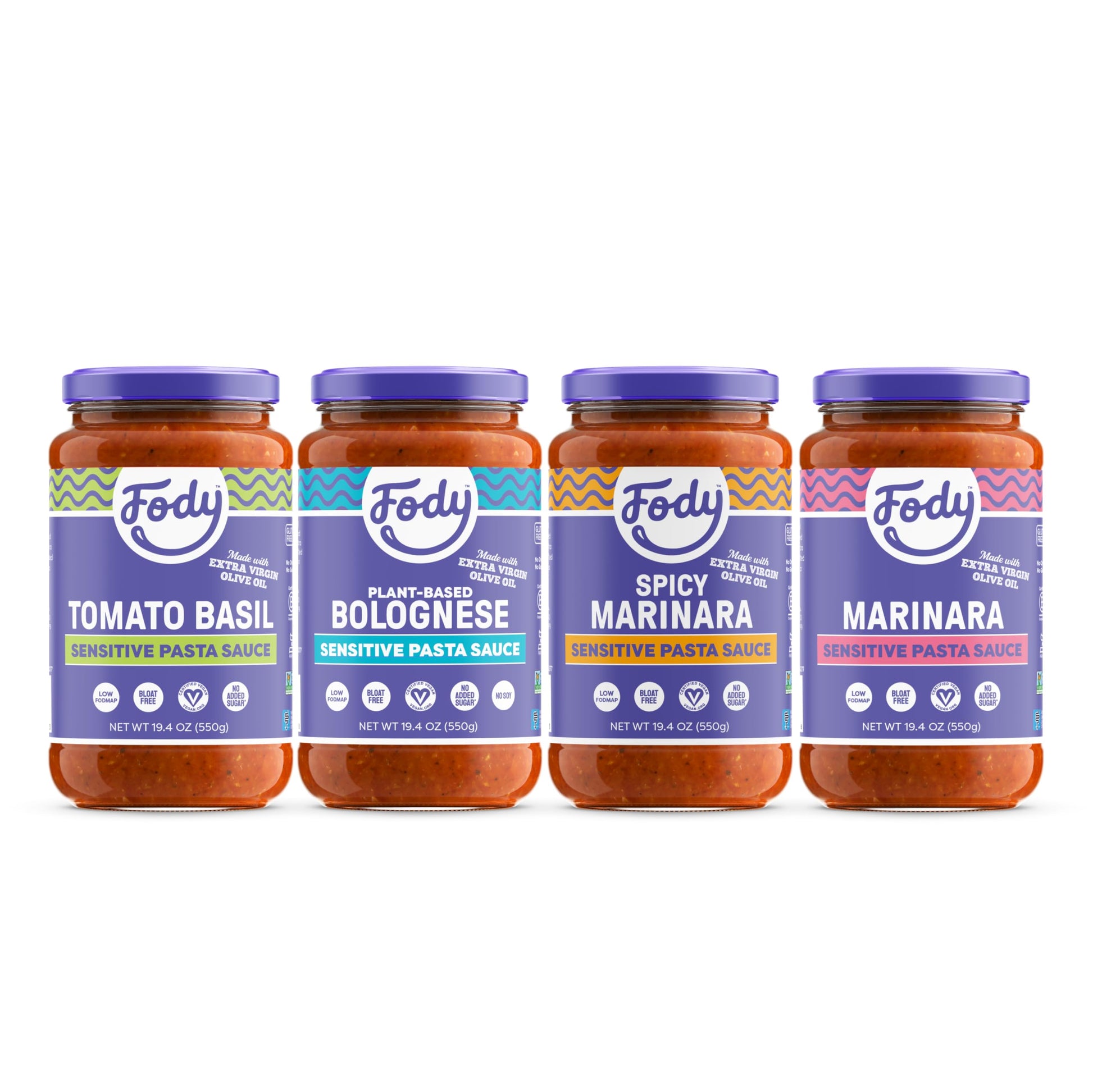 Fody Foods Pasta Sauce Variety Pack, 19.4 Oz (Pack of 4), Garlic and Onion Free, Low FODMAP Certified, Gut & IBS Friendly, Vegan