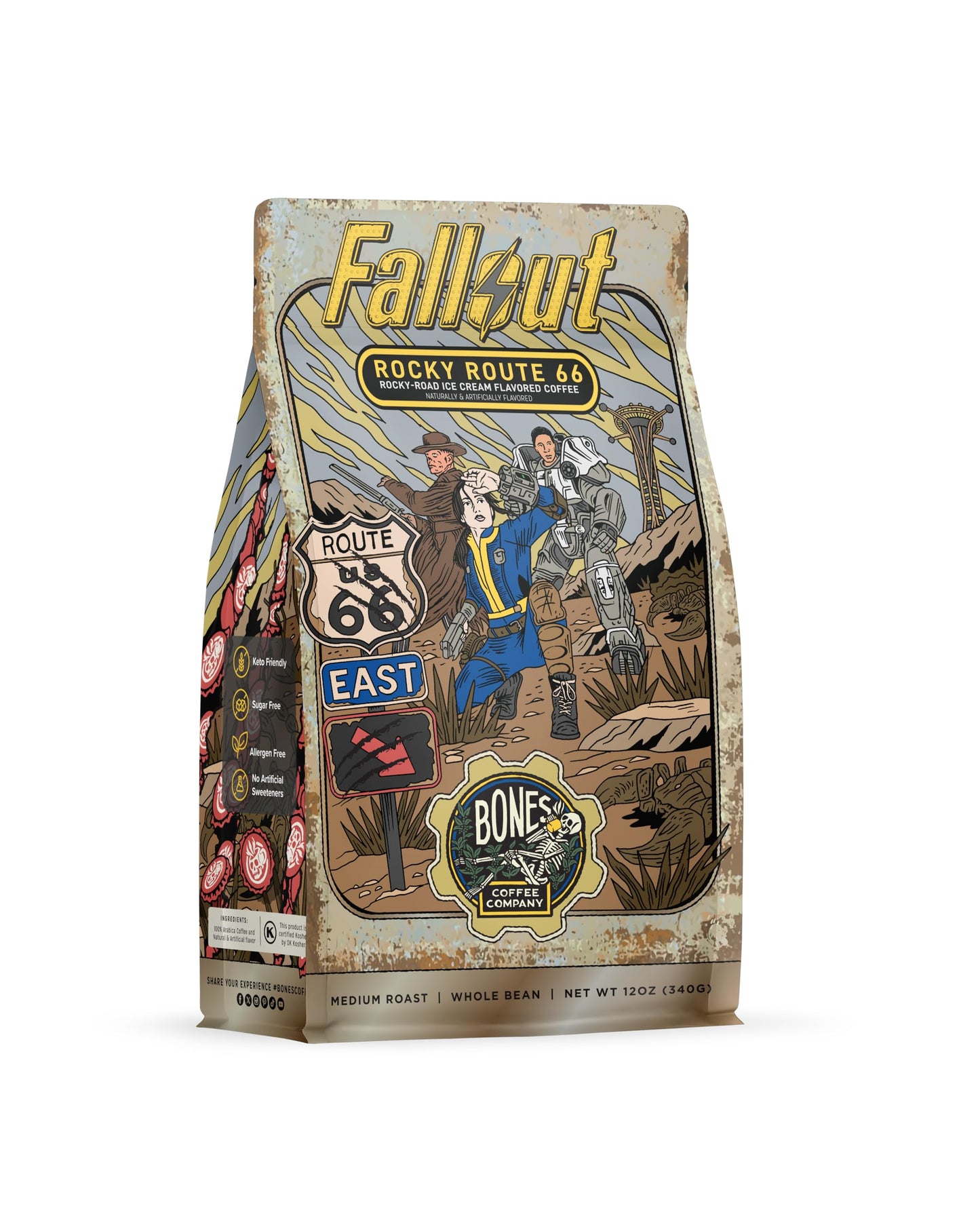 Bones Coffee Company Fallout Rocky Route 66  Rocky Road Flavored Coffee  Medium Roast Low Acid Arabica Beans Compatible With Auto Drip And French Press Coffee Maker  12 Oz Whole Bean