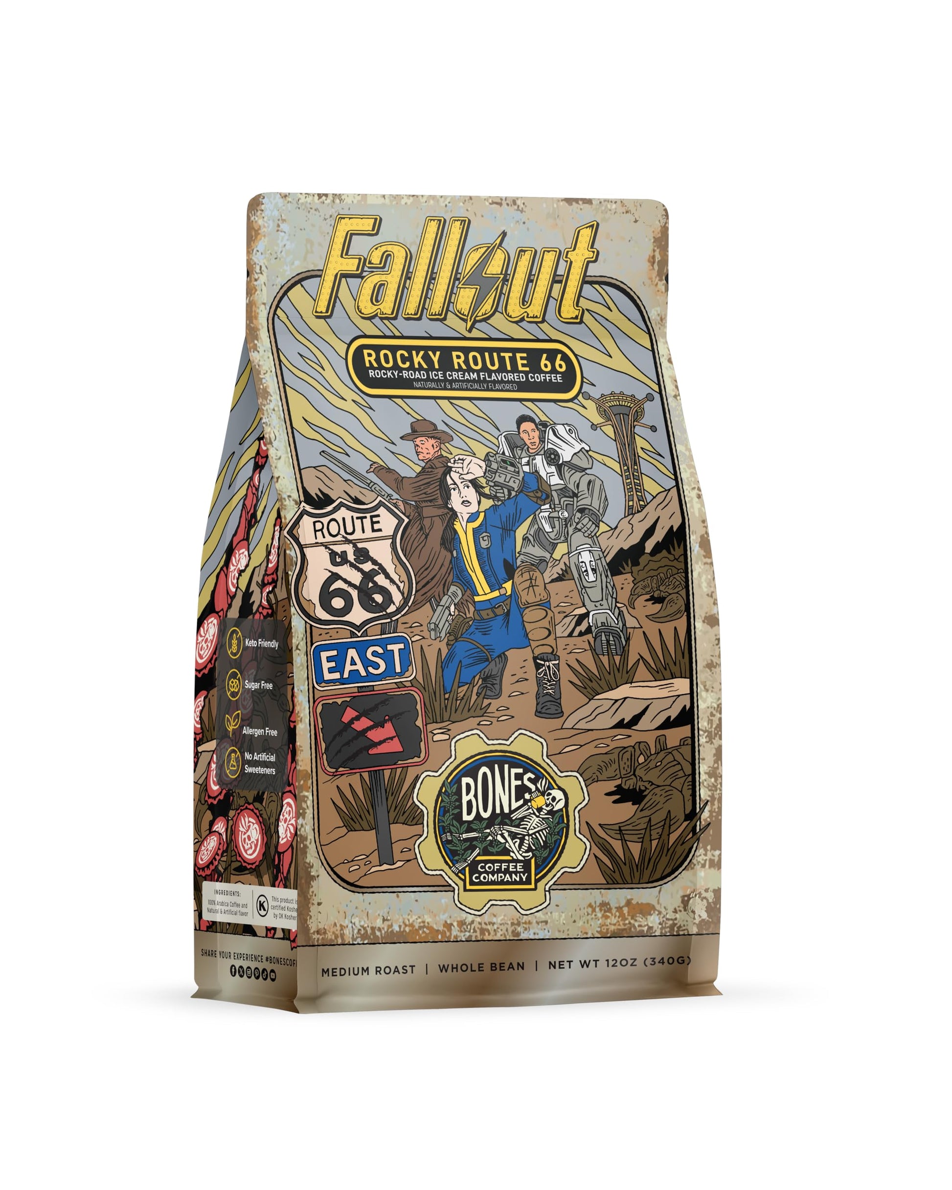 Bones Coffee Company Fallout Rocky Route 66  Rocky Road Flavored Coffee  Medium Roast Low Acid Arabica Beans Compatible With Auto Drip And French Press Coffee Maker  12 Oz Whole Bean