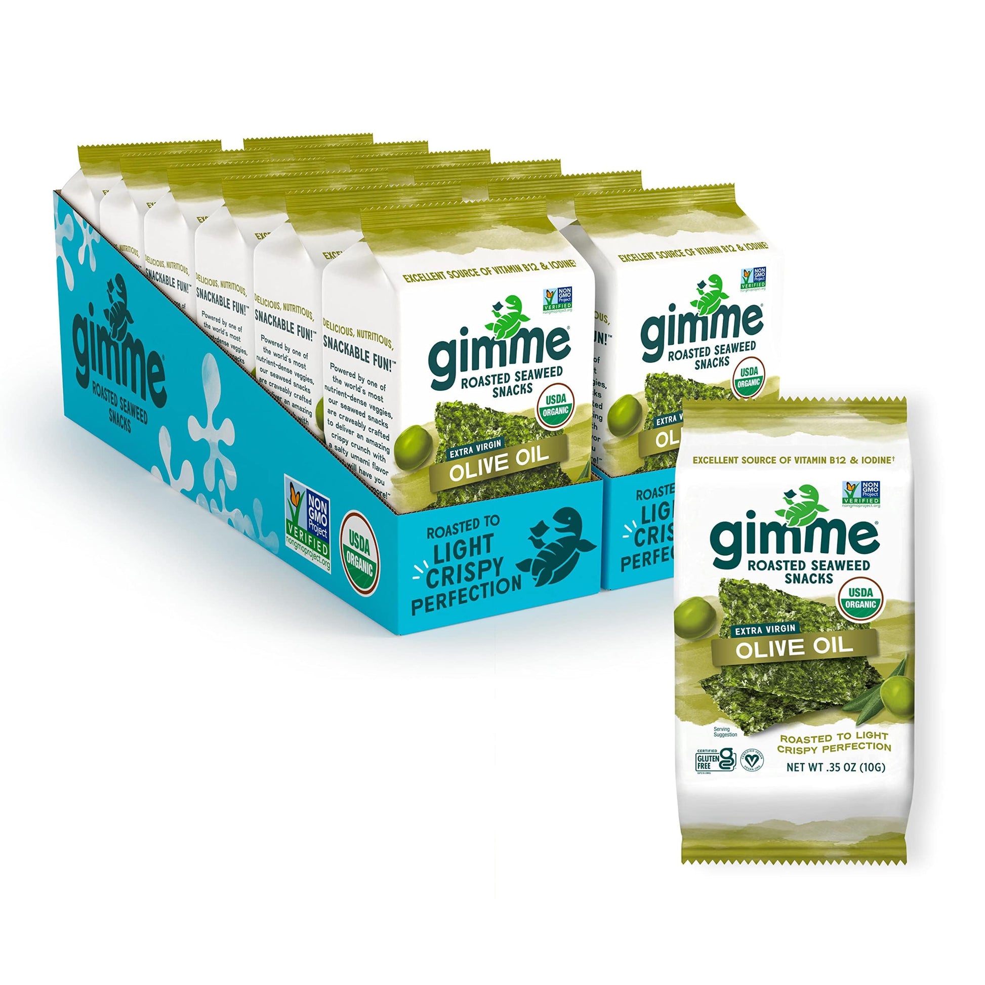 gimMe Organic Roasted Seaweed Snacks, Extra Virgin Olive Oil, Keto, Vegan, Gluten-Free, 12 Count