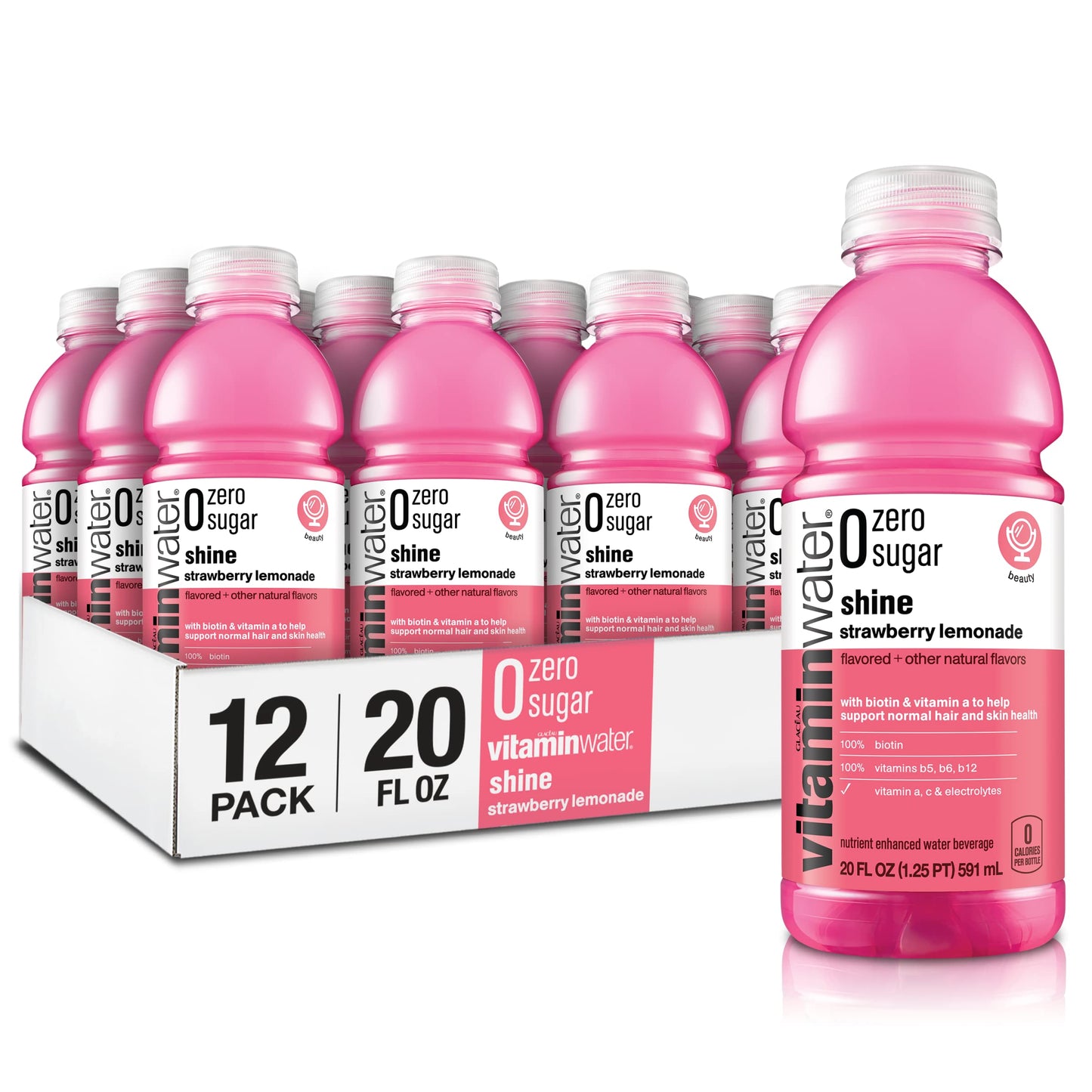 vitaminwater zero sugar shine, electrolyte enhanced water w/vitamins, strawberry lemonade drinks, 20 fl oz, 12 Pack