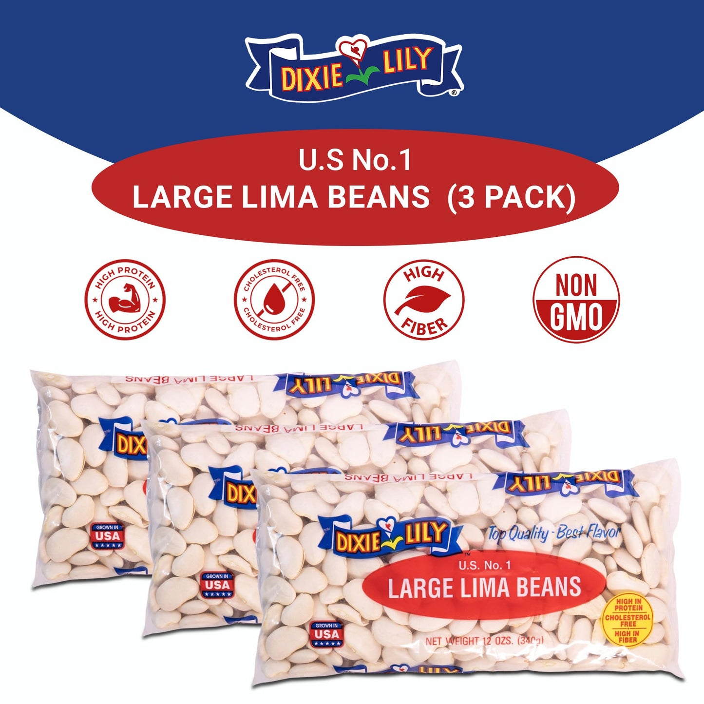 Dixie Lily Large Lima Beans - Dried, Non-GMO, Quick Soak & Slow Cooker - 12oz, 3 Pack