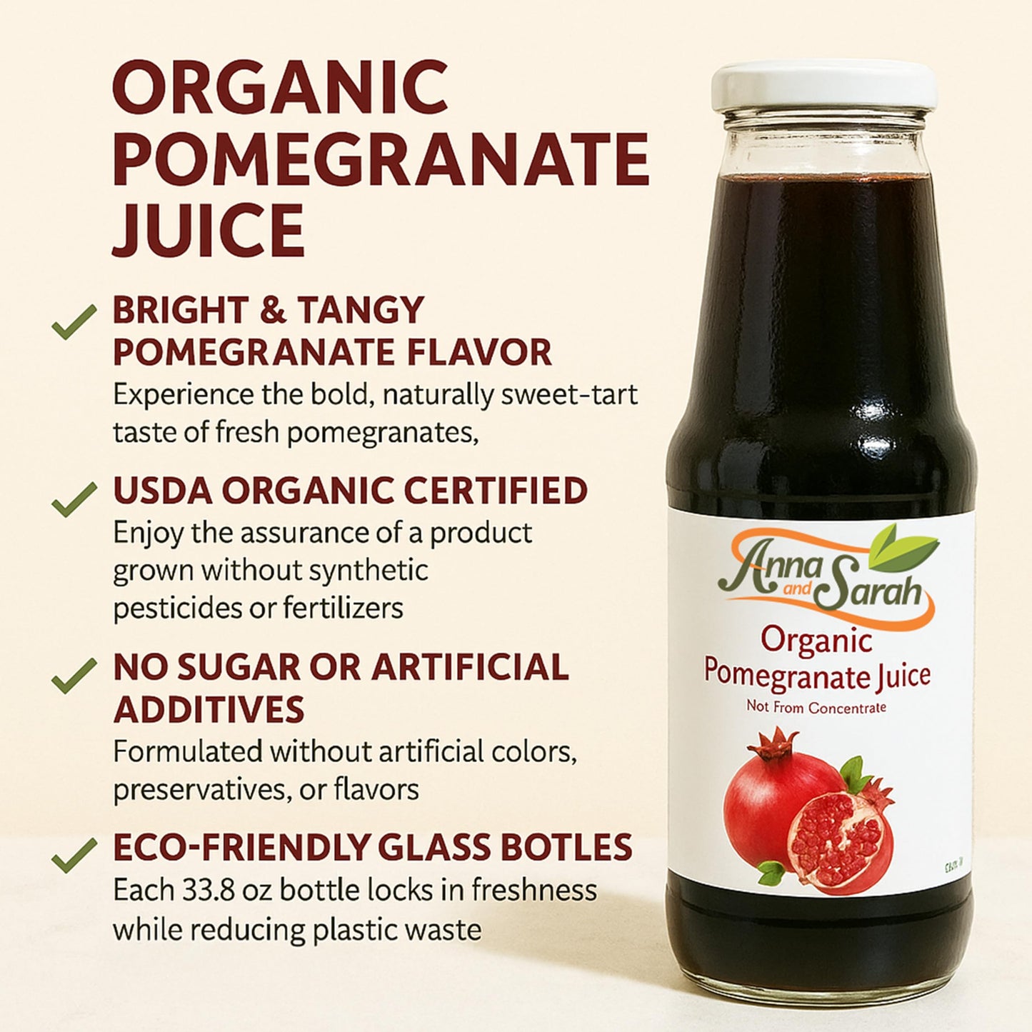 Anna And Sarah 33.8 Oz Organic Pomegranate Juice - Usda Organic Certified - Glass Bottle (6 Pack) No Sugar, No Artificial Colors