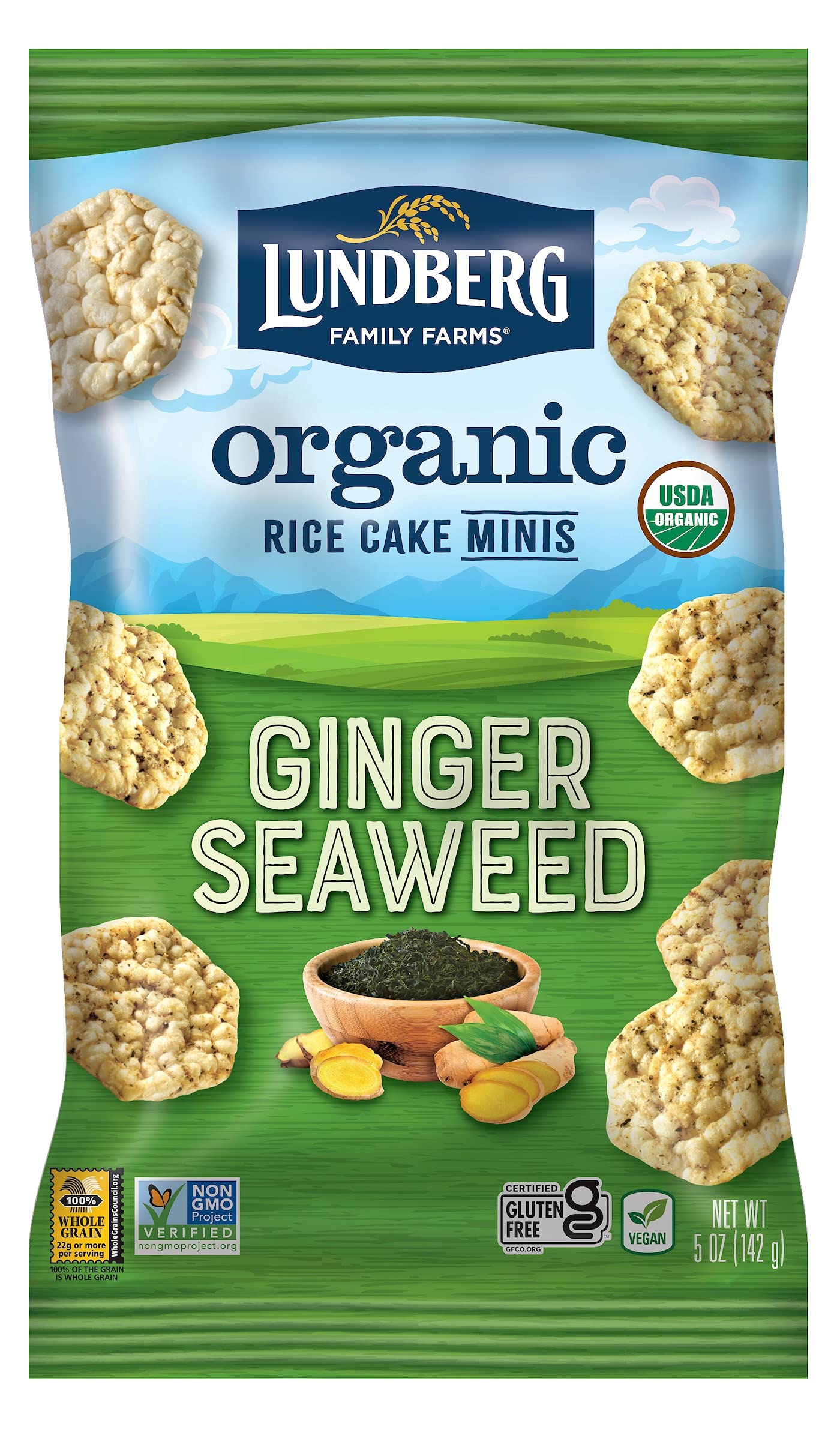 Lundberg Organic Ginger Seaweed Rice Cake Minis, 5oz, Gluten-Free, Vegan, Whole Grain, USDA Certified Organic, Non-GMO Project V