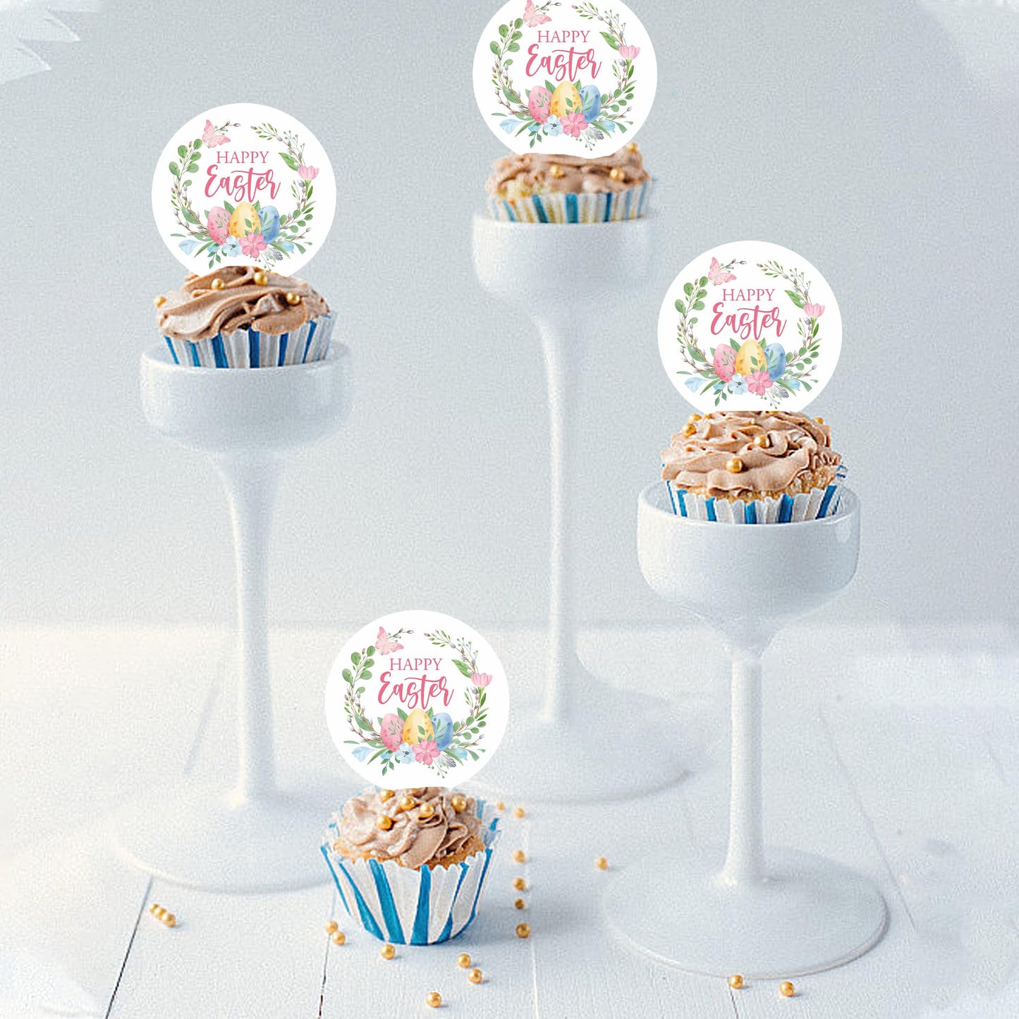 Foowztao 48Pcs Happy Easter Cupcake Toppers Wafer Paper Cake Picks Easter Theme Birthday Party Spring Theme Baby Shower Party Su