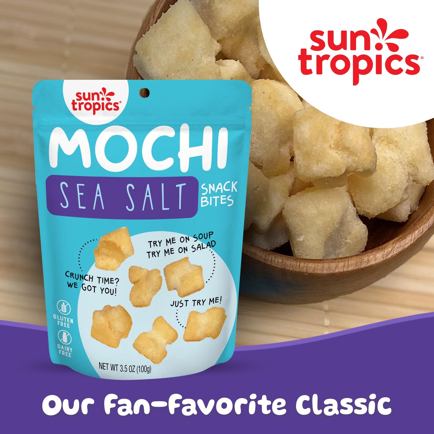 Sun Tropics Mochi Snack Bites, Sea Salt Flavor- 3.5 Oz (6 Pack) | Crispy Crunchy Mochi Bites, Rice Nuggets | Mochi Puff Rice Cra