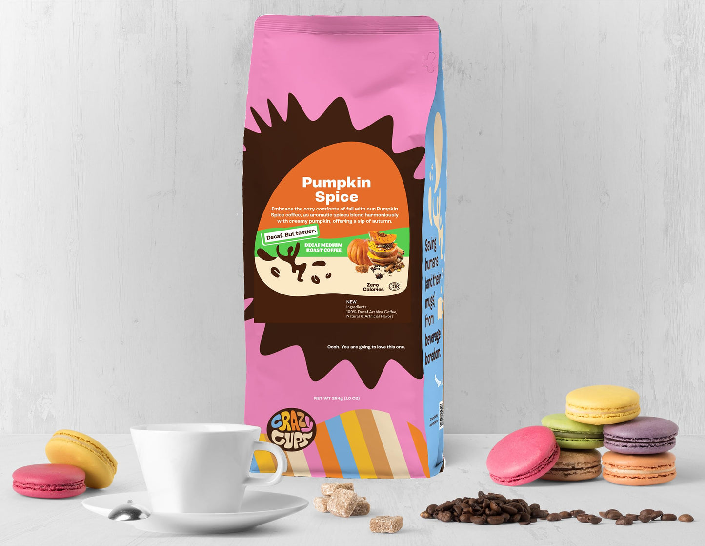 Crazy Cups Decaf Flavored Ground Coffee  Decaffeinated Pumpkin Spice Coffee  For Brewing Flavored Hot or Iced Decaf Pumpkin Coffee  10oz