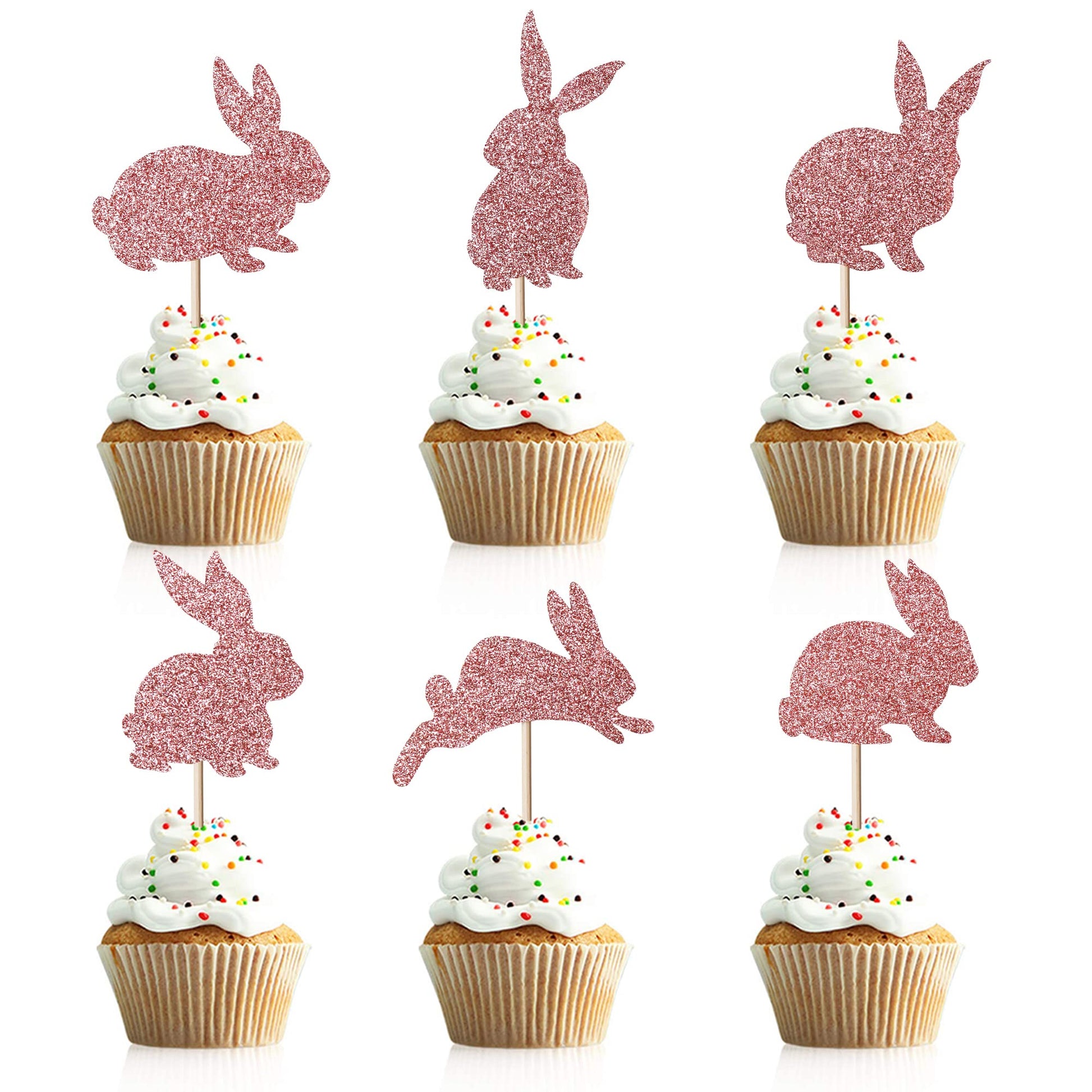 Artczlay 24Pcs Bunny Cupcake Topper, Easter Bunny Themed Cake Decoration, Glitter Boy Girl Baby Party Decoration (Rose Gold)