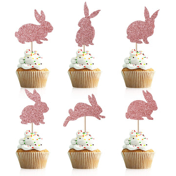 Artczlay 24Pcs Bunny Cupcake Topper, Easter Bunny Themed Cake Decoration, Glitter Boy Girl Baby Party Decoration (Rose Gold)