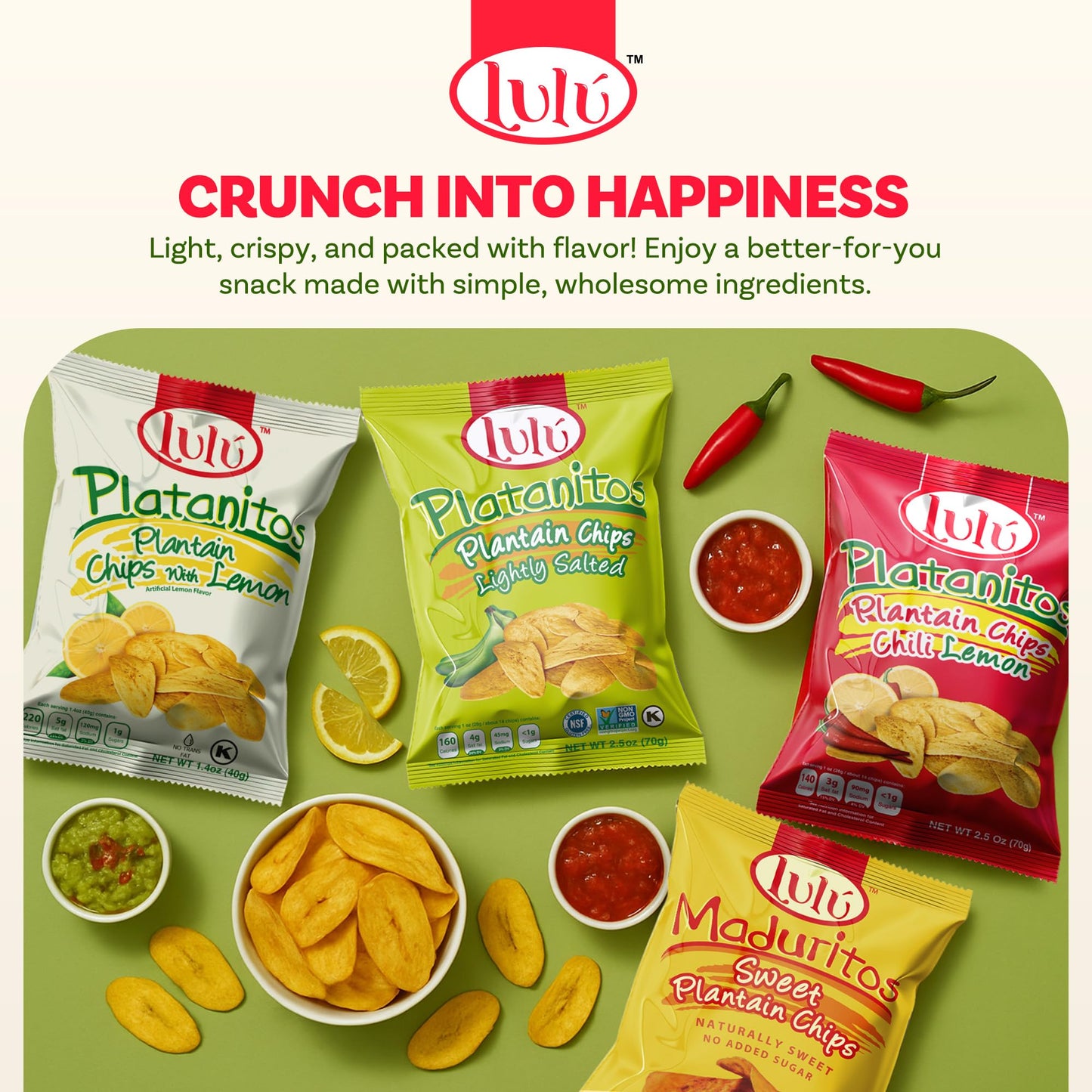 LULU Lemon Plantain Chips Variety Pack - 30 Bags, Lightly Salted with 12 Lemon, 10 Salted, 4 Chili, 4 Sweet - 2.5 O