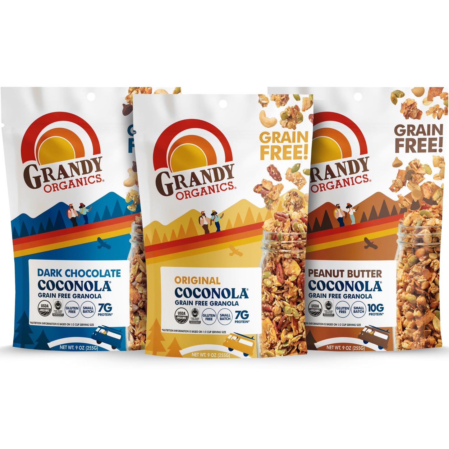 Grandy Organics Coconola Granola Variety Flavors, Original, Chocolate & Peanut Butter, Certified Organic Granola, Gluten Free, G