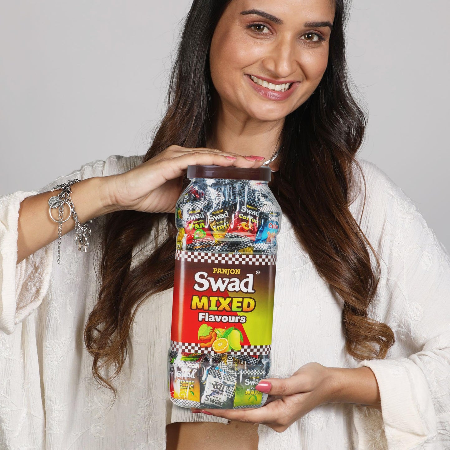 Swad Mixed Flavours Chatpati Goli Candy Jar – 150 Hard Candies With Kaccha Aam Imli Meetha Paan Cola Orange Coffee Original Flavors – Tangy Sweet Indian Candy, Childhood Favorite Treat