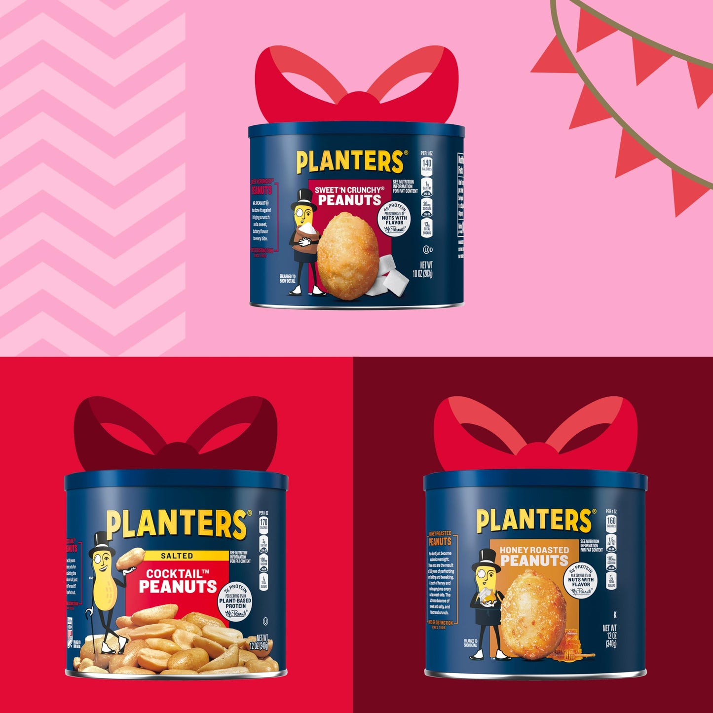 Planters Peanuts Holiday Trio Pack - Sweet n Crunchy, Honey Roasted, Cocktail - 3 Count Canisters - Blue/Black