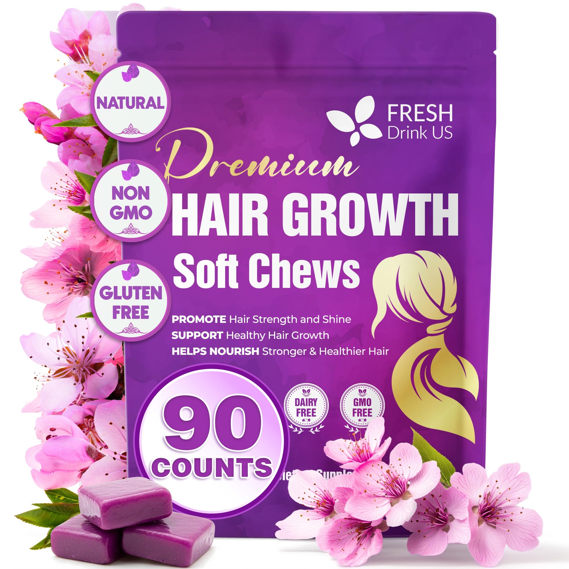 Freshdrinkus  Top-Grade Hair Growth Soft Chews | 90 Count | Daily Beauty Soft Chews - Delicious Chewable Formula For Everyday Hair Care Routine - Non-Gmo  Gluten Free  Dairy Free
