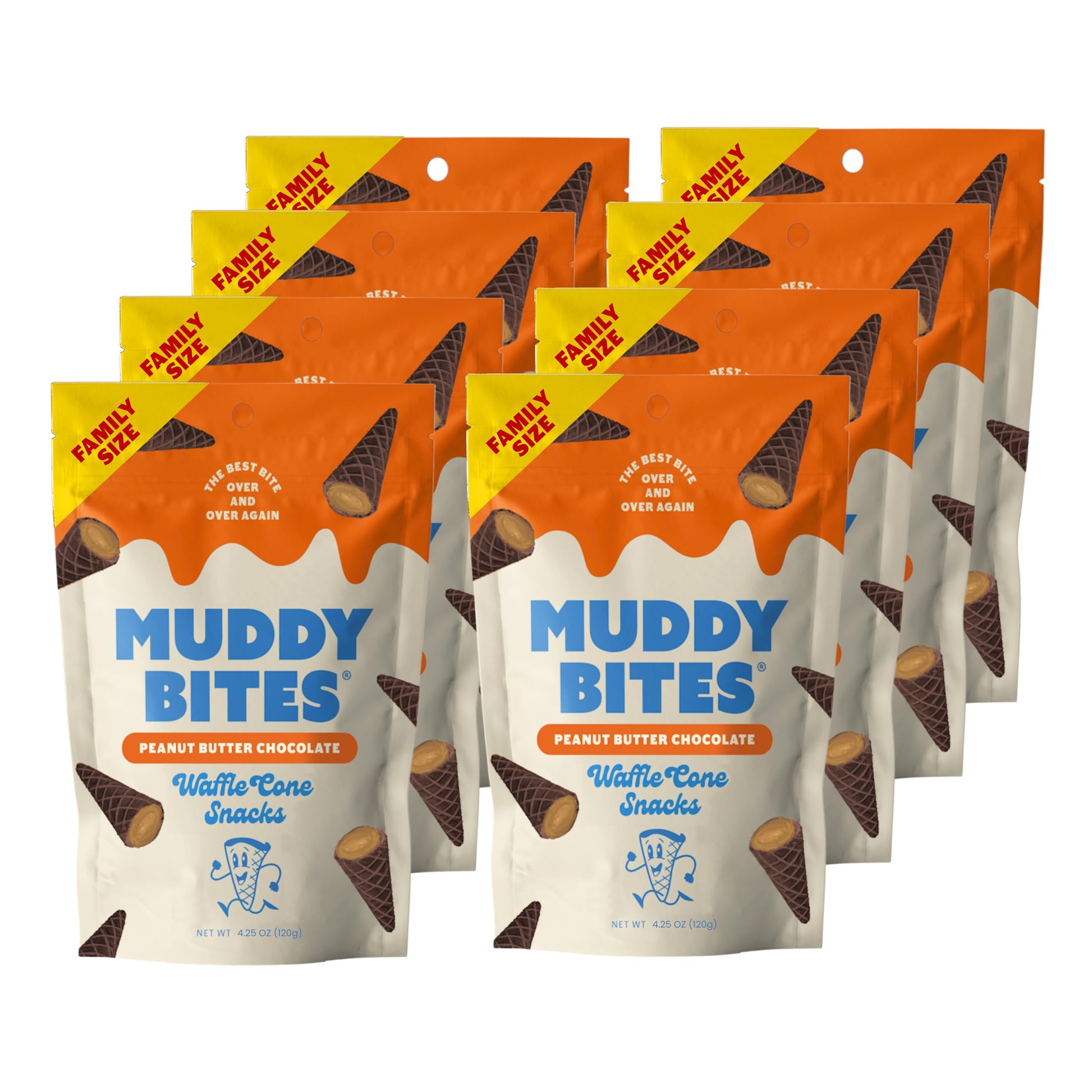 Muddy Bites Waffle Cone Snacks Bite Sized Chocolate Filled Waffle Cones For Snack Or Dessert  Ice Cream Topping  Made With Pure Cane Sugar  Kosher (4.25 Oz (Pack Of 8)  Peanut Butter Chocolate)