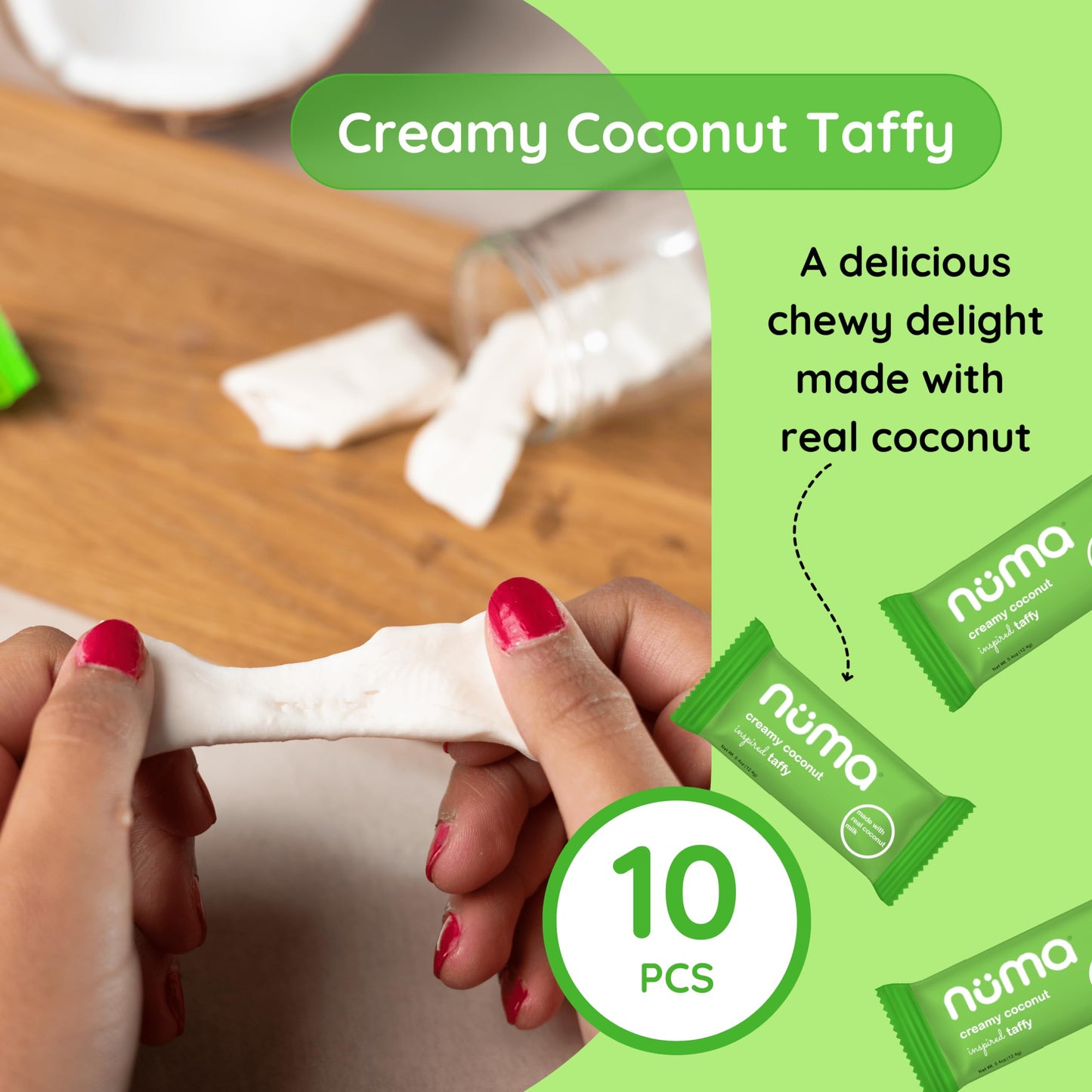 Numa Foods Creamy Coconut Taffy Candy - Dairy Free, Low Sugar Candy - Low Calorie & All Natural Chewy Snack With Real Mct-Rich C
