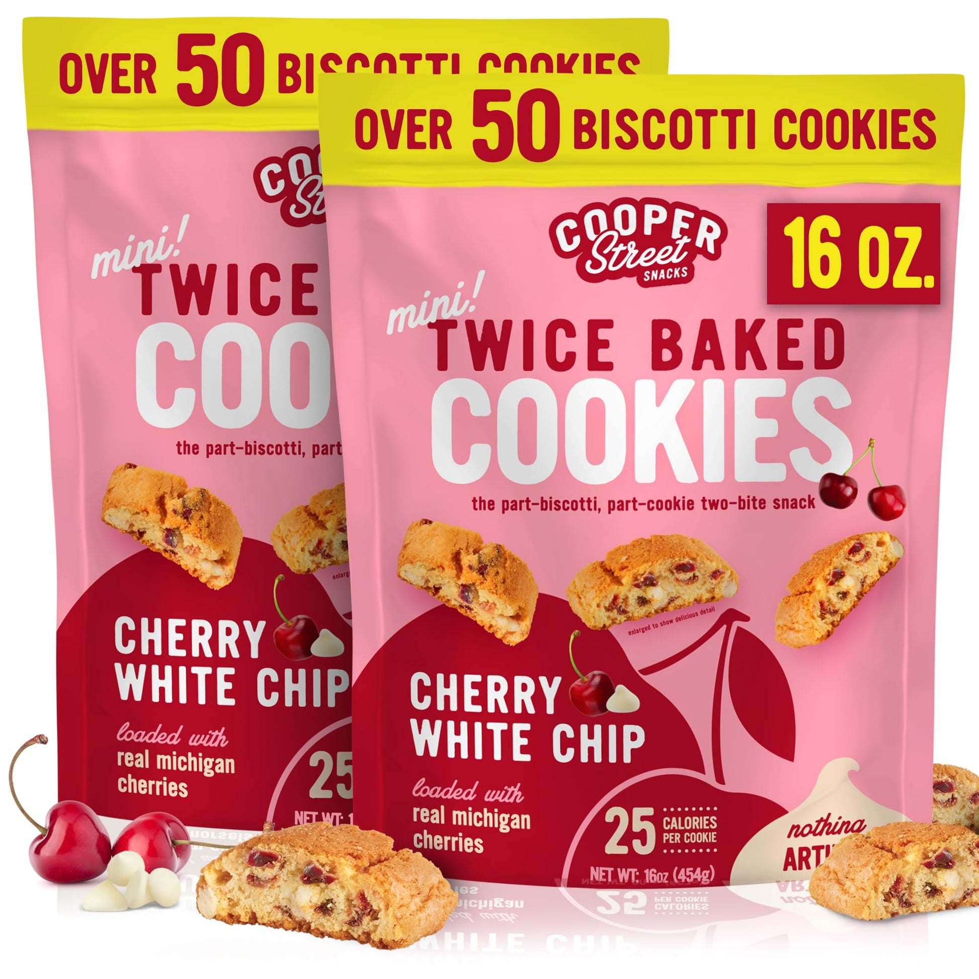 COOPER STREET Biscotti Cookies - Twice-Baked Cherry White Chip, 16 oz Pack of 2, Dairy, Peanut & Soy Free