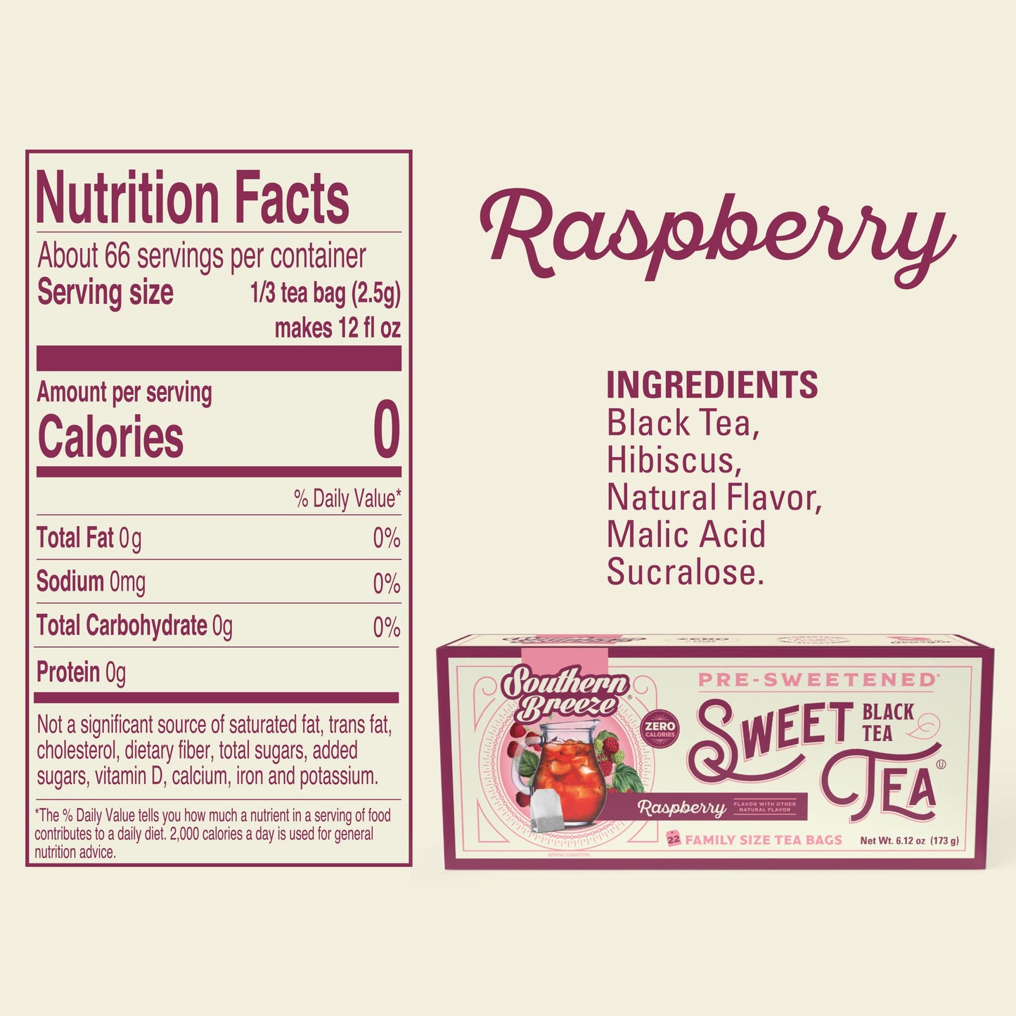 Southern Breeze Hot Brew Sweet Tea Raspberry Iced Tea With Black Tea And Zero Carbs Zero Sugar, 22 Individually Wrapped Family S