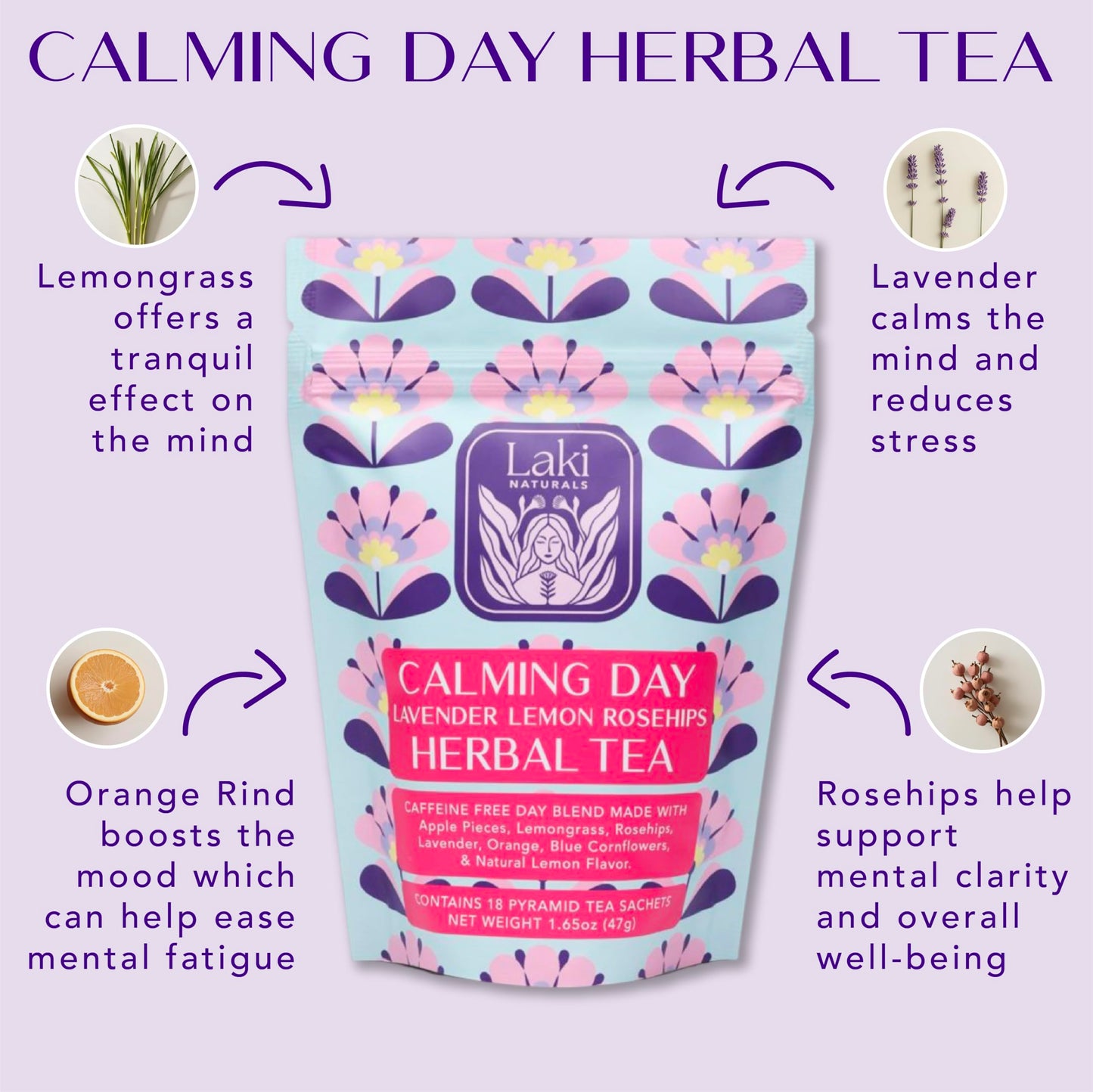 Calming Day Herbal Tea (1.65 Oz, Pack Of 18 Tea Bags) – Relaxing Caffeine-Free Tea With Lavender, Rosehips And Lemongrass – Gift For Focus, Clarity, Relaxation And Wellness
