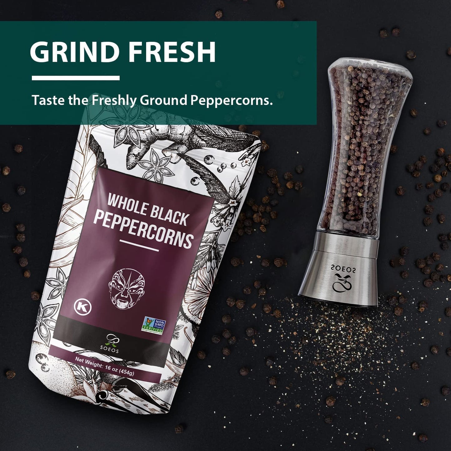 Soeos Whole Black Peppercorns, Non-GMO, Kosher, 16oz (Pack of 1)