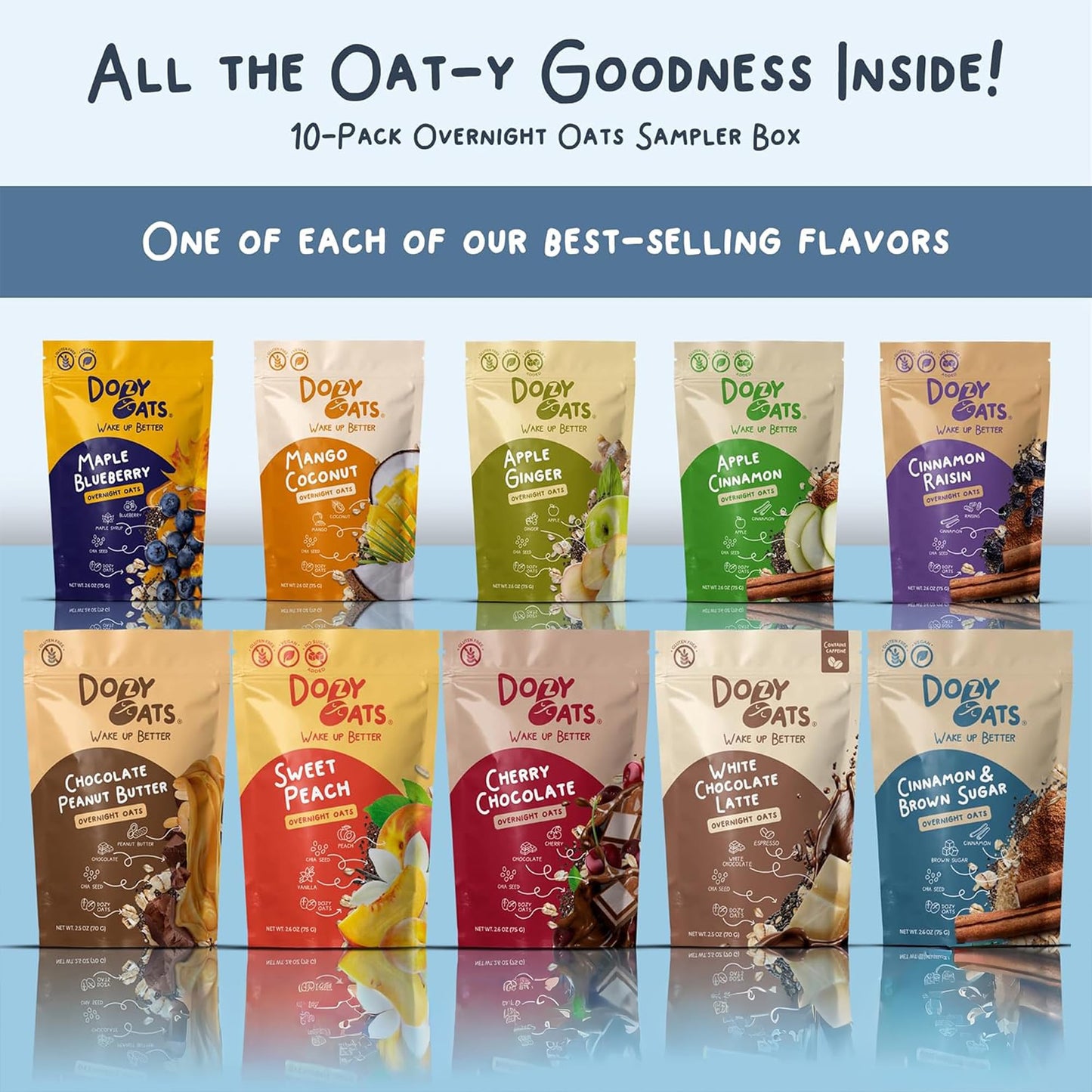Dozy Oats Overnight Oatmeal Packets  10-Pack Sampler Box with Chia Seeds  Gluten-Free  Natural Source of Protein and Fiber  10-Pack and Jar