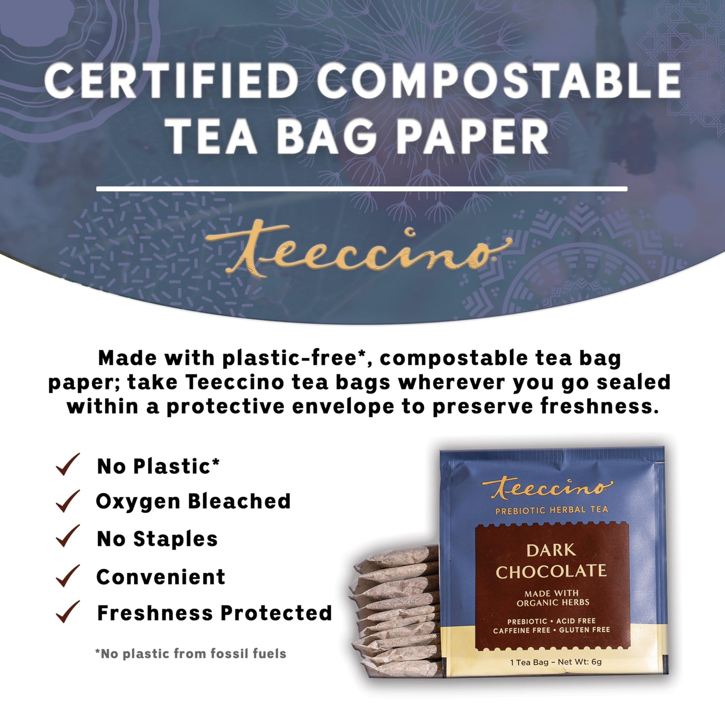 Teeccino Dark Chocolate Herbal Tea - Prebiotic Superboost, 10 Tea Bags