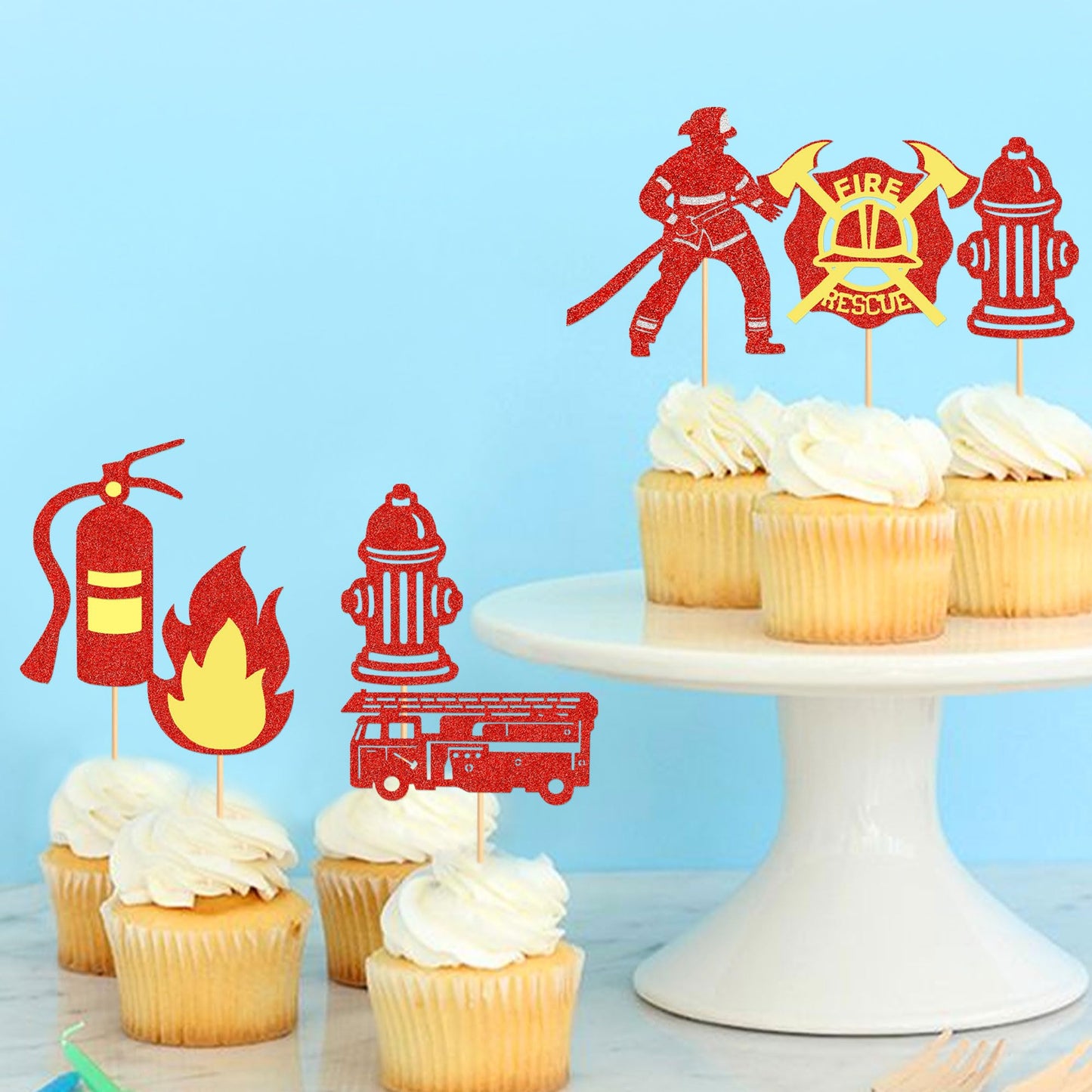 Ercadio 24 Pack Fireman Cupcake Toppers Red Glitter Fire Department Cake Topper Fireman Cupcake Picks For Fire Theme Baby Shower