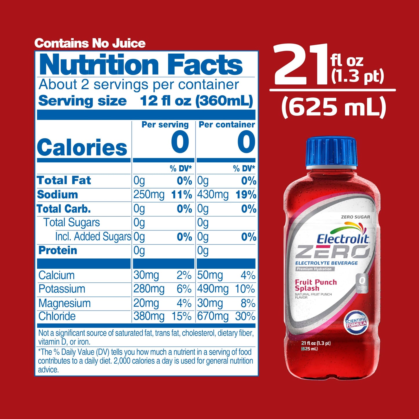 Electrolit Zero, Electrolyte Beverage, Fruit Punch Splash, 21 Fl Oz bottle (Pack of 12)