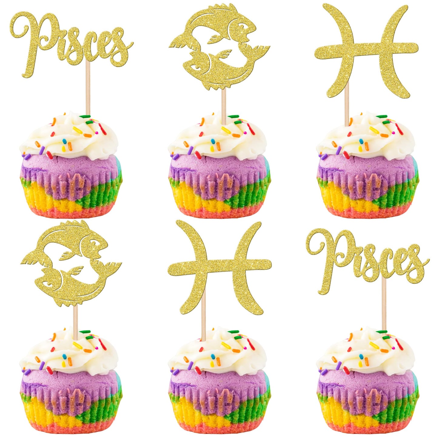 ZHUOWEISM 24 PCS Pisces Cupcake Toppers Glitter Gold Constellation Picks for Birthday Cake Decoration