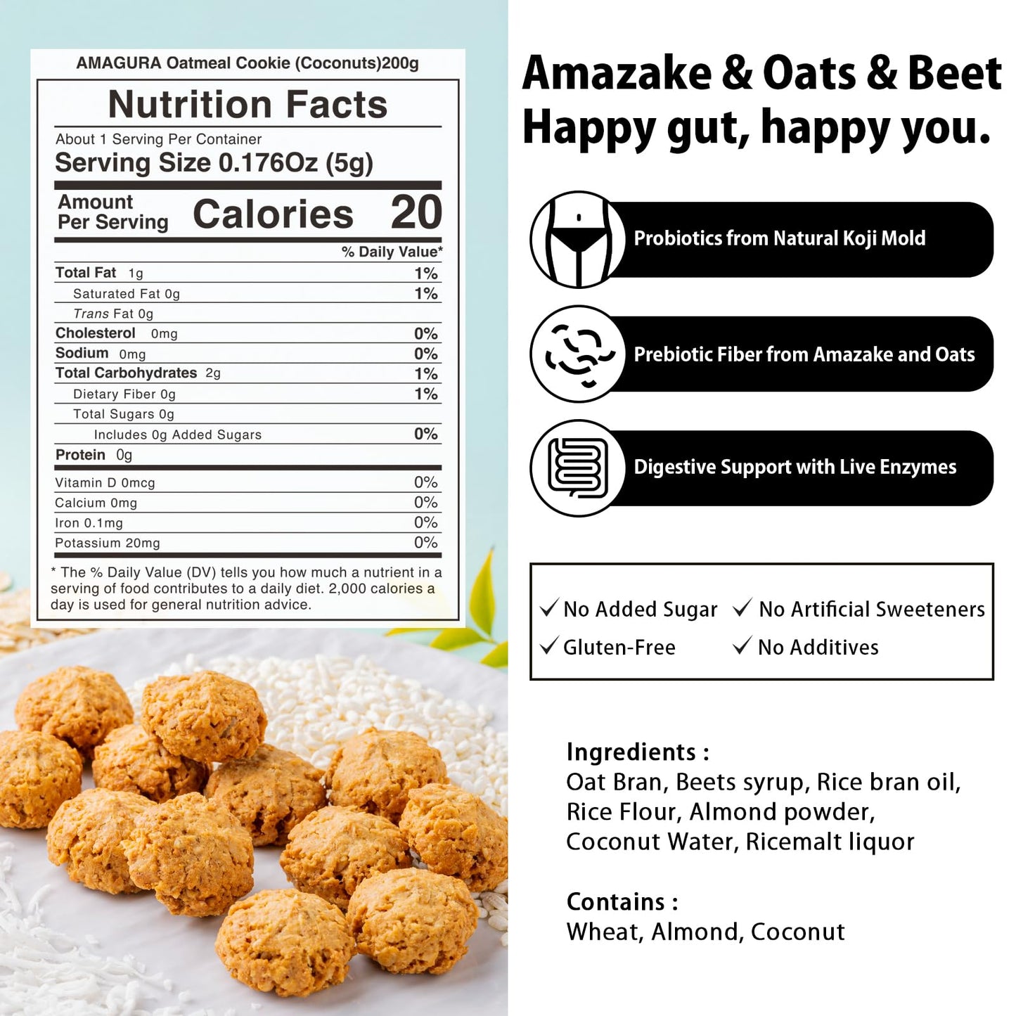 AMAGURA Amazake Oatmeal Cookies, Gluten Free, Sugar Free, Probiotics, 7oz