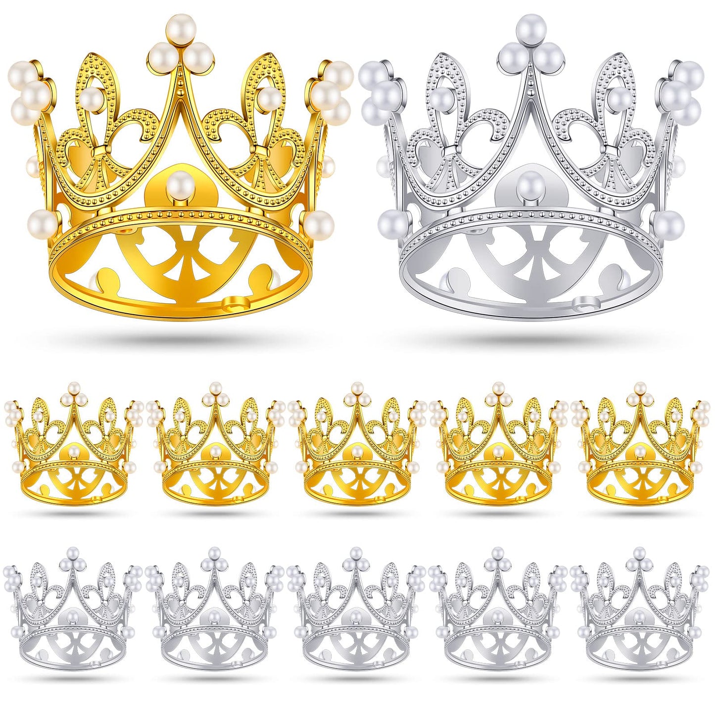 Funrous Mini Crowns 12 Pcs Cake Topper Tiara Pearl Crystal Decor Gold Silver