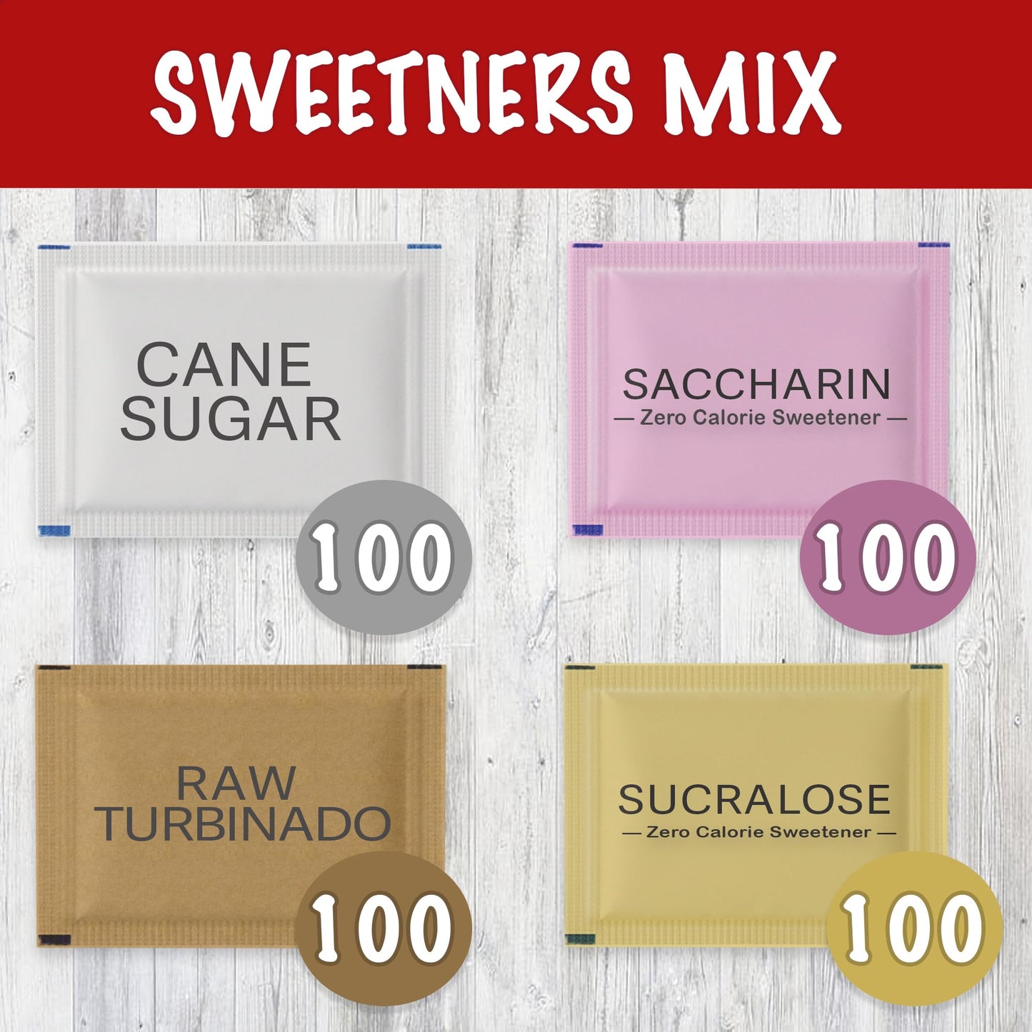 Variety Pack Sweeteners - Assorted mix for Tea, Coffee & Beverages - Includes Saccharin, Sucralose, Raw Brown & White Sugar - Co