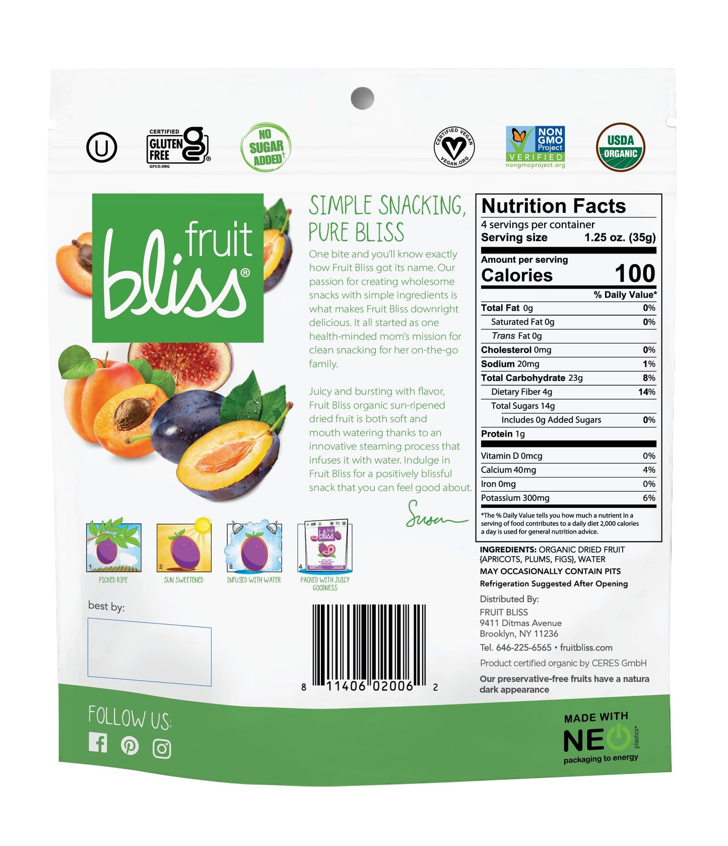 Fruit Bliss Dried Fruit Mix - Fruit Medley of Organic, Dried & Pitted Apricots, Plums & Figs - Organic Fruit Snacks, Dried Fruit
