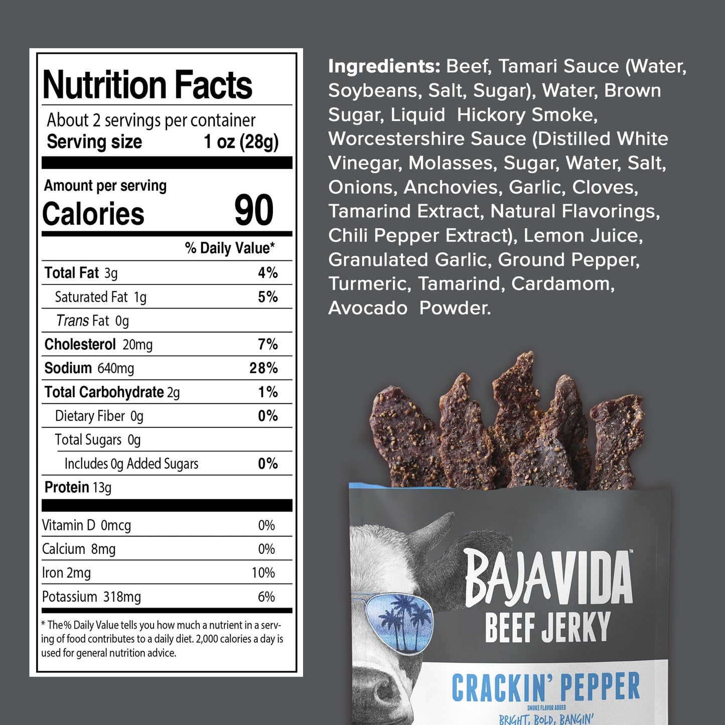 Baja Beef Jerky - 100% All Natural Beef Jerky, Keto Jerky, Gluten Free, Low Calorie Craft Jerky, 13g Protein per Serving, No Nit