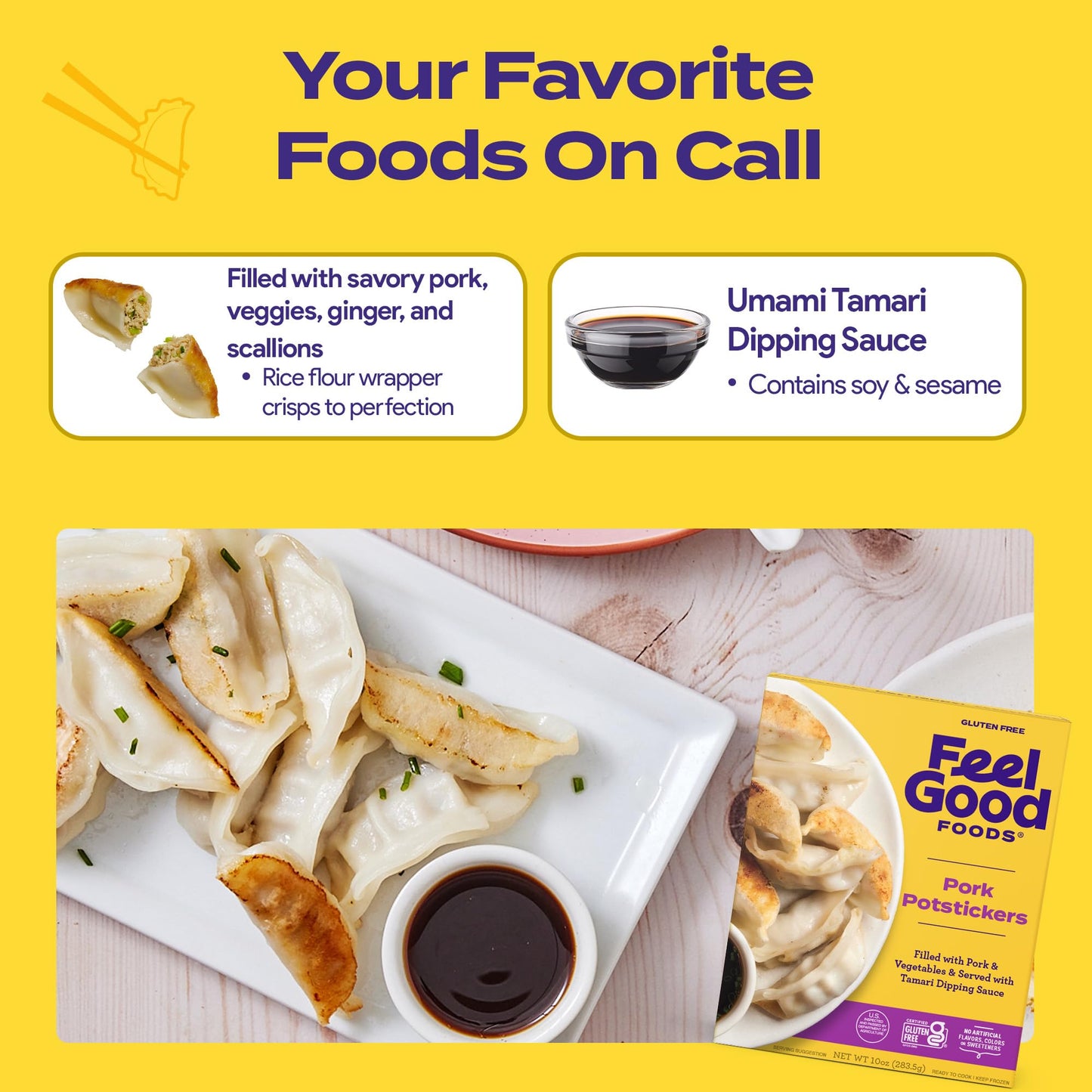 Feel Good Foods Potstickers Pork - Frozen Gluten Free Potstickers, Umami Tamari Dipping Sauce, Appetizers & Snacks, 10oz